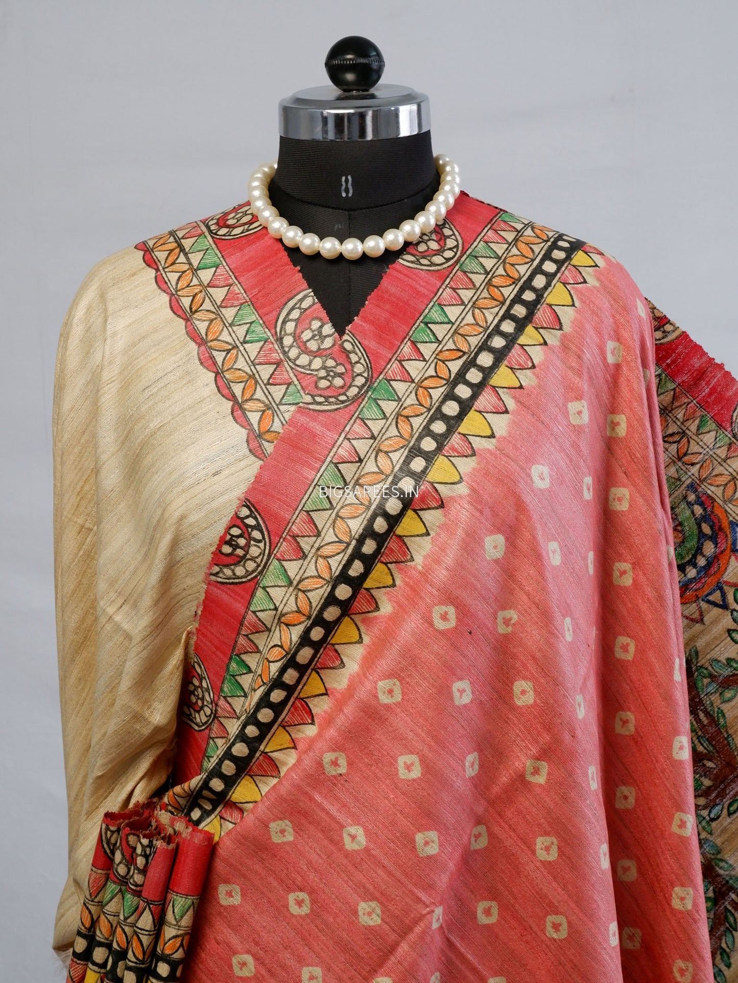 Handcrafted Madhubani Saree | Pure Tussar Ghicha Silk | Silk Mark Certified | Light Red