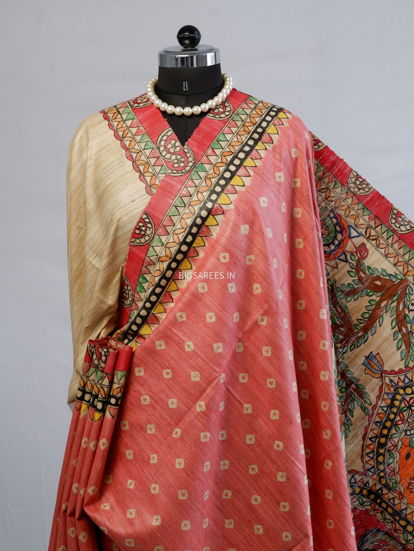 Handcrafted Madhubani Saree | Pure Tussar Ghicha Silk | Silk Mark Certified | Light Red
