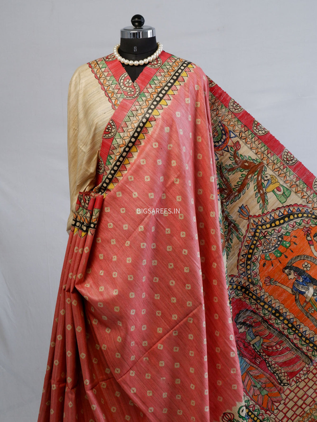 Handcrafted Madhubani Saree | Pure Tussar Ghicha Silk | Silk Mark Certified | Light Red