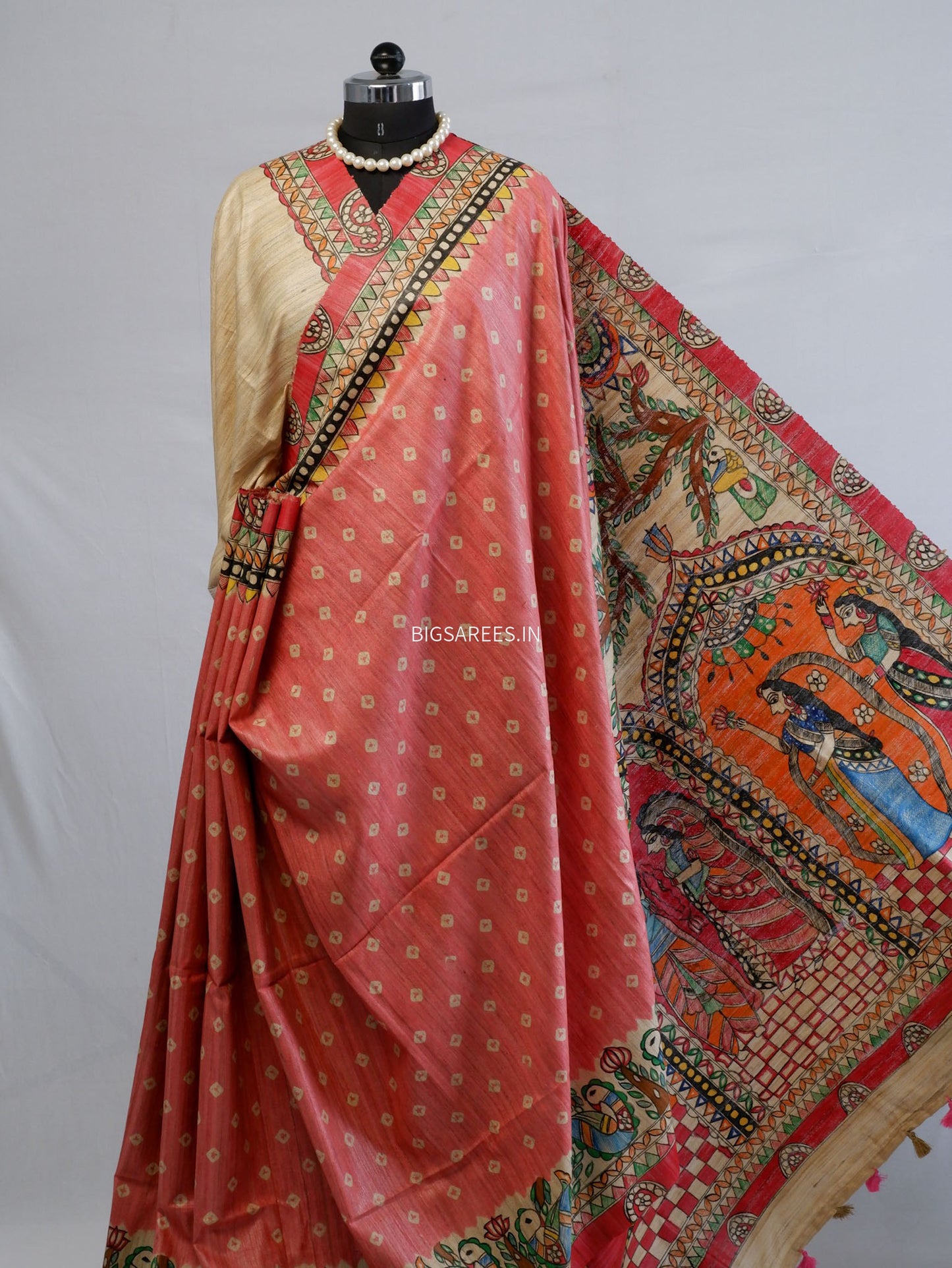 Handcrafted Madhubani Saree | Pure Tussar Ghicha Silk | Silk Mark Certified | Light Red