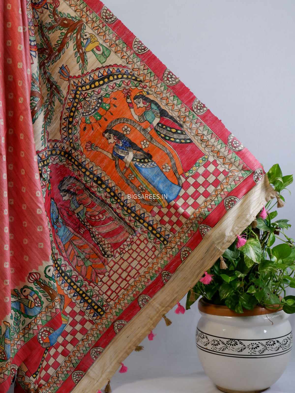 Handcrafted Madhubani Saree | Pure Tussar Ghicha Silk | Silk Mark Certified | Light Red