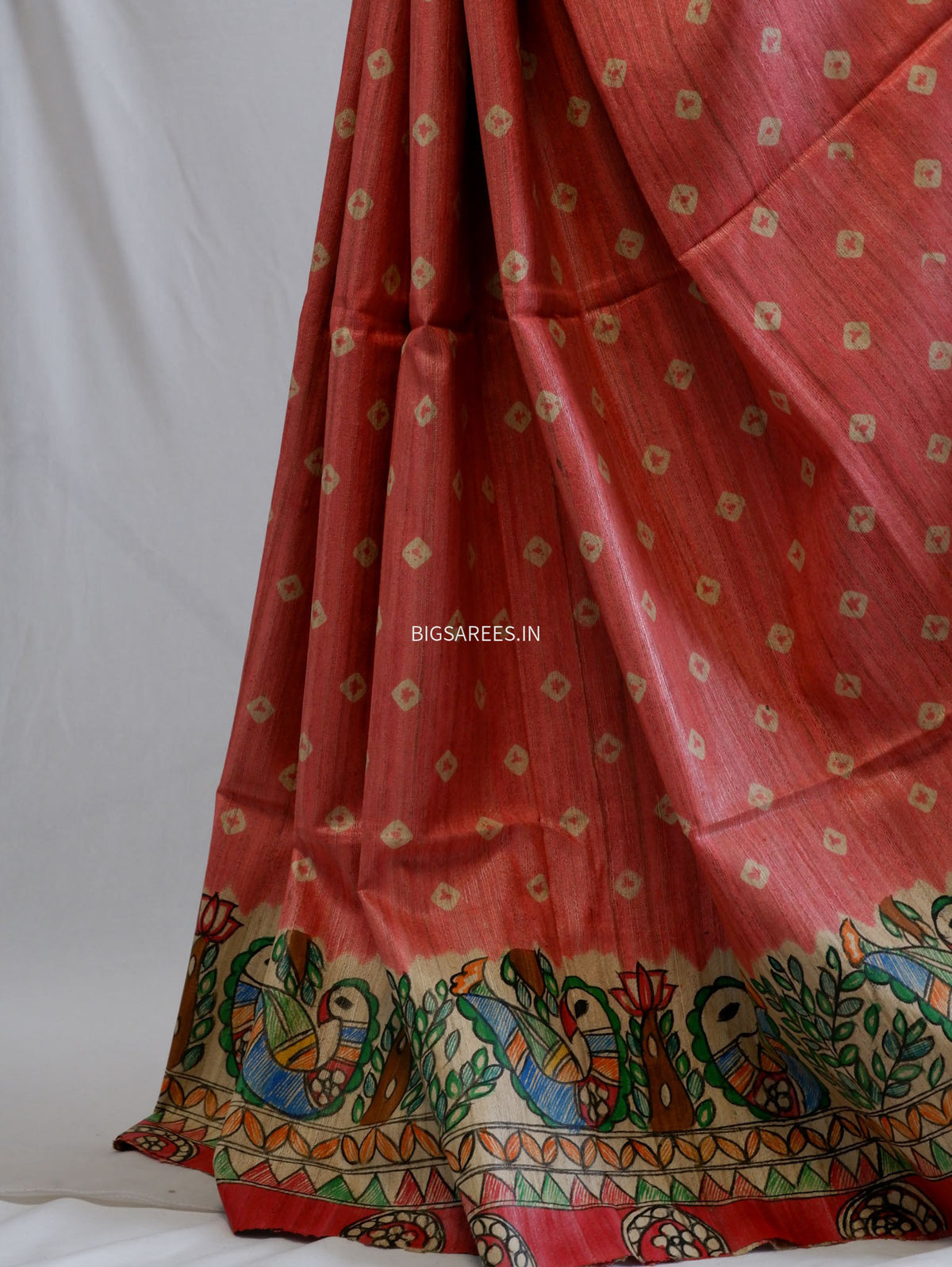 Handcrafted Madhubani Saree | Pure Tussar Ghicha Silk | Silk Mark Certified | Light Red