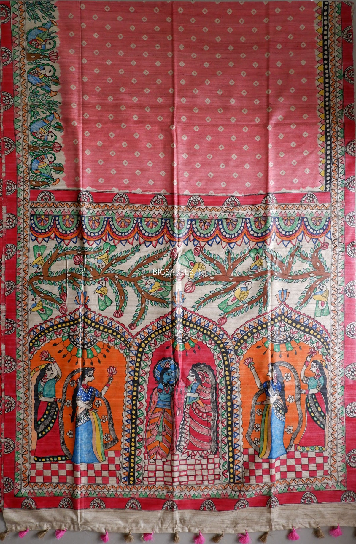 Handcrafted Madhubani Saree | Pure Tussar Ghicha Silk | Silk Mark Certified | Light Red