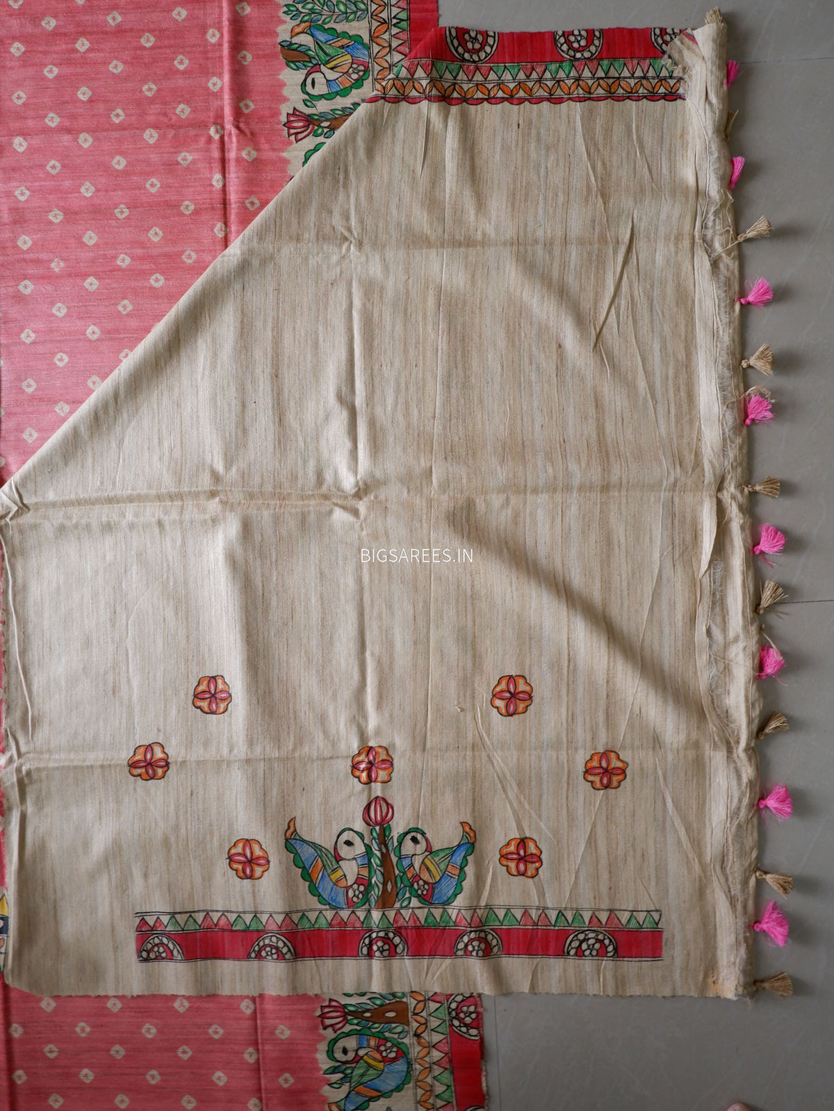 Handcrafted Madhubani Saree | Pure Tussar Ghicha Silk | Silk Mark Certified | Light Red
