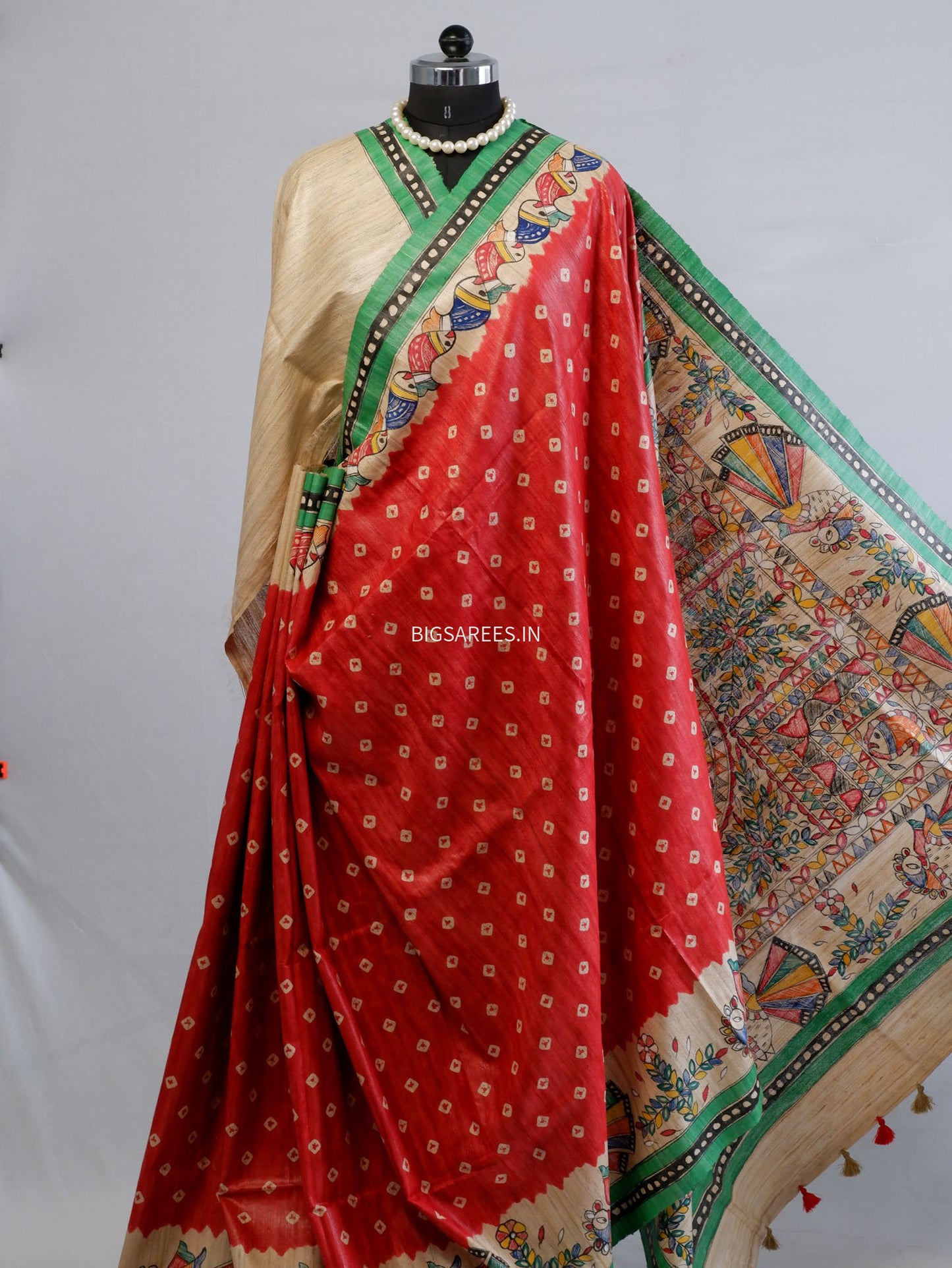Handcrafted Madhubani Saree | Pure Tussar Ghicha Silk | Silk Mark Certified | Red