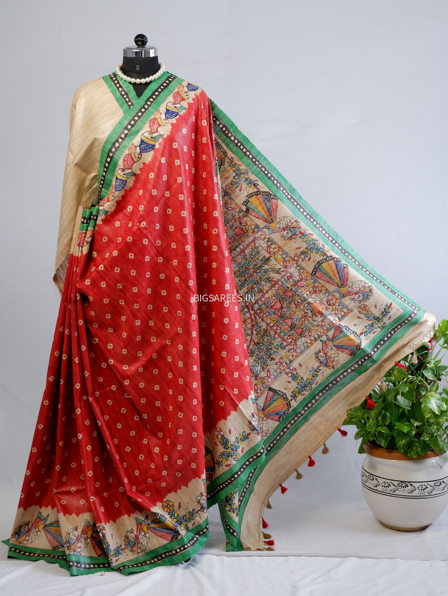 Handcrafted Madhubani Saree | Pure Tussar Ghicha Silk | Silk Mark Certified | Red