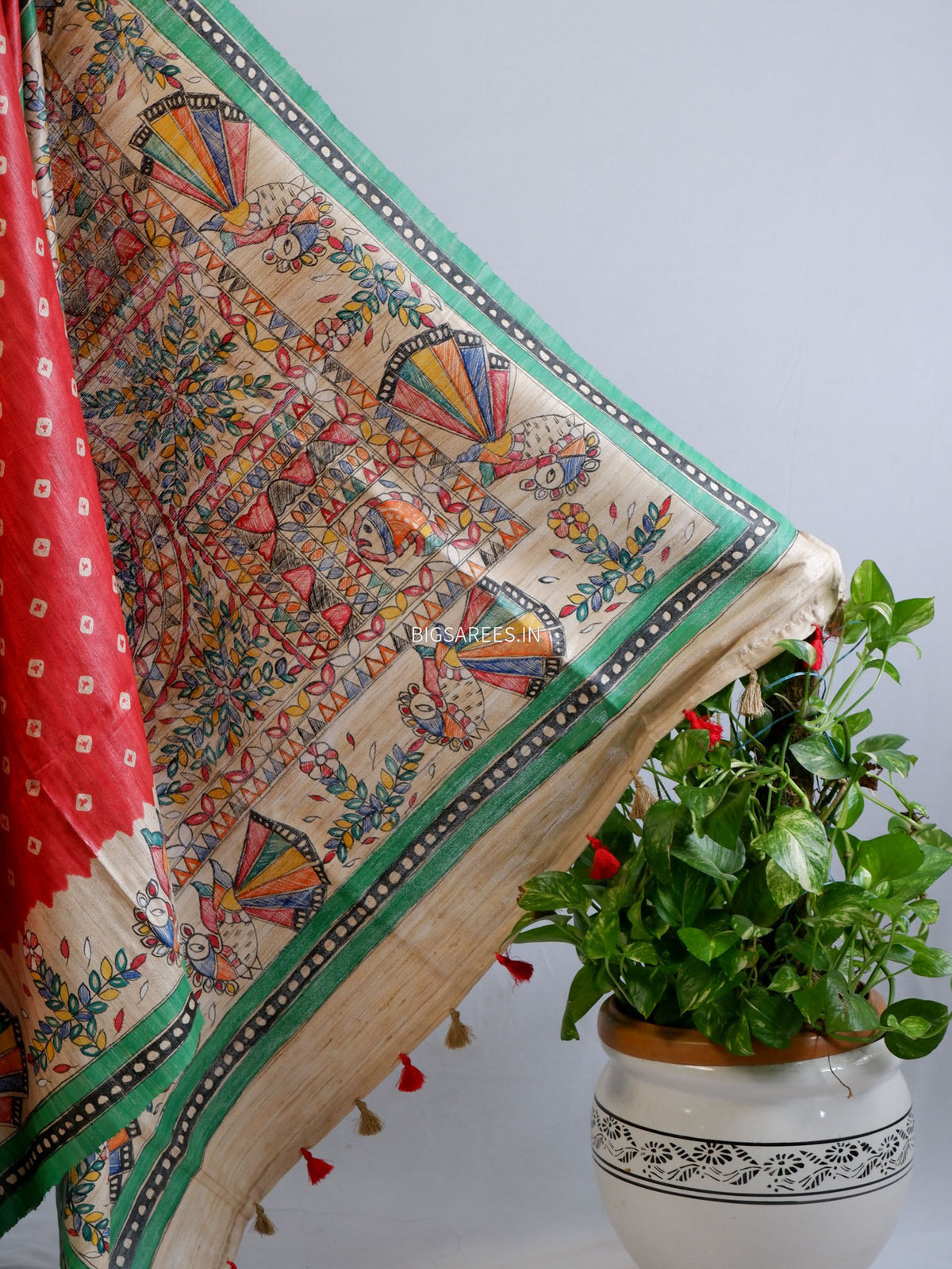 Handcrafted Madhubani Saree | Pure Tussar Ghicha Silk | Silk Mark Certified | Red