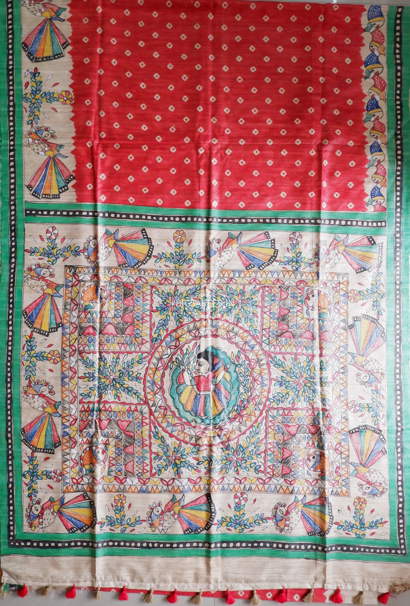 Handcrafted Madhubani Saree | Pure Tussar Ghicha Silk | Silk Mark Certified | Red
