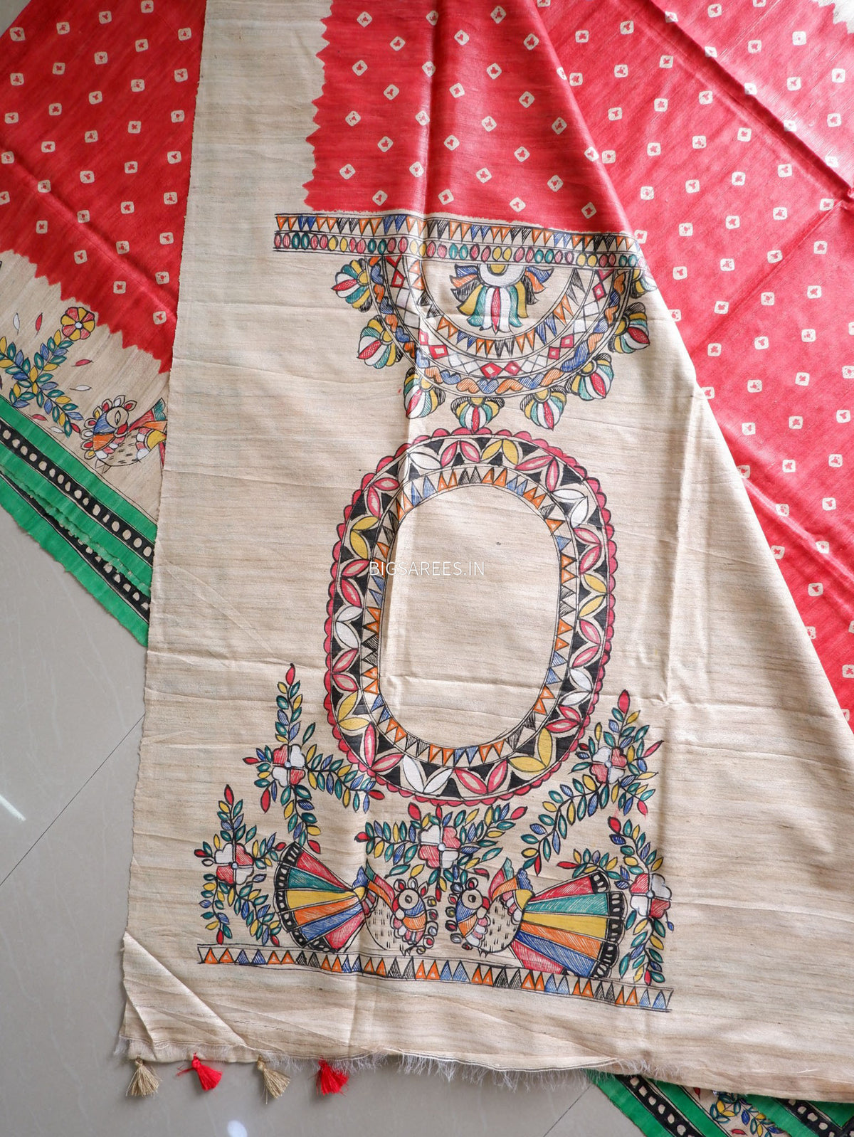 Handcrafted Madhubani Saree | Pure Tussar Ghicha Silk | Silk Mark Certified | Red