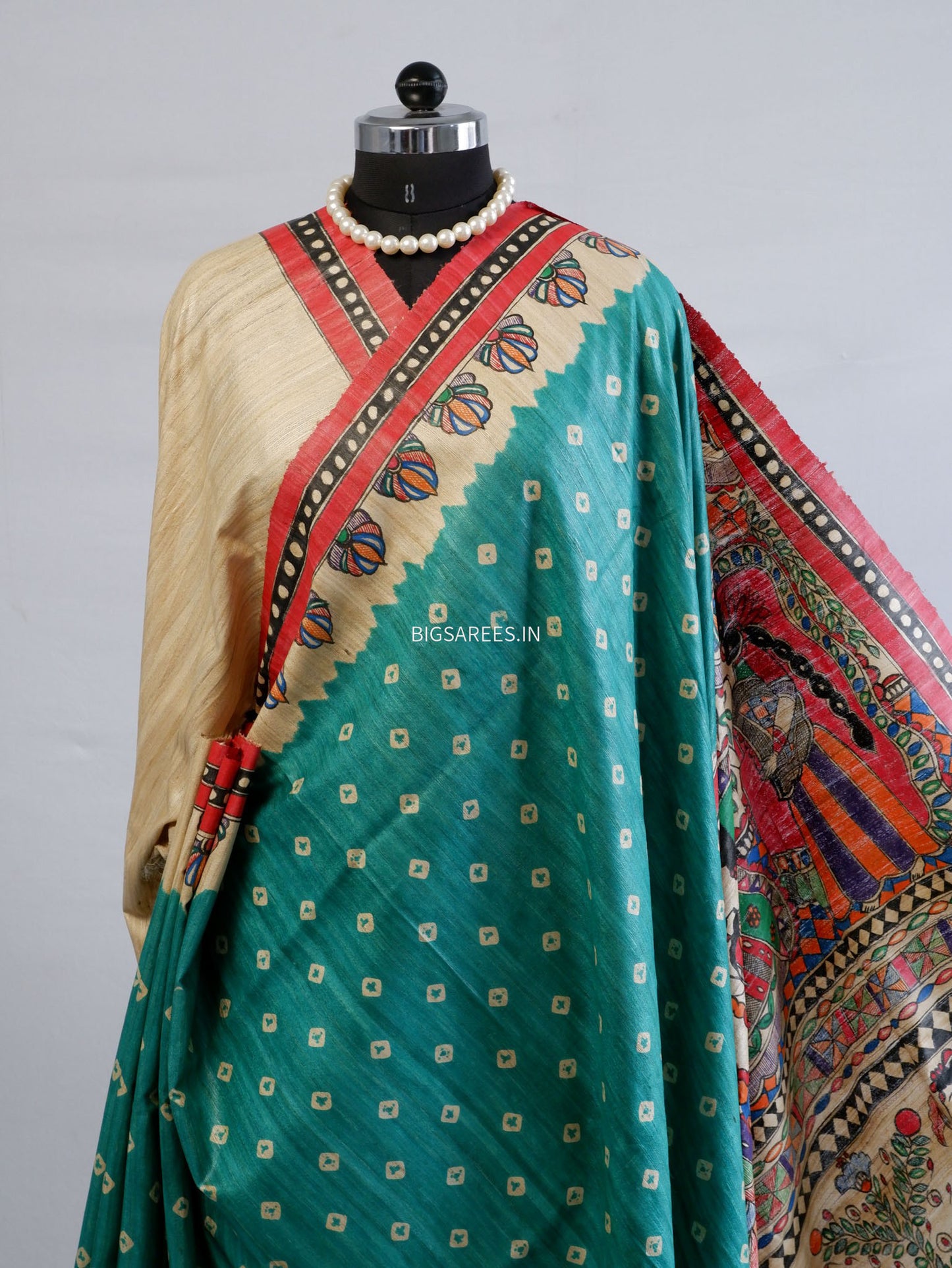 Handcrafted Madhubani Saree | Pure Tussar Ghicha Silk | Silk Mark Certified | Teal