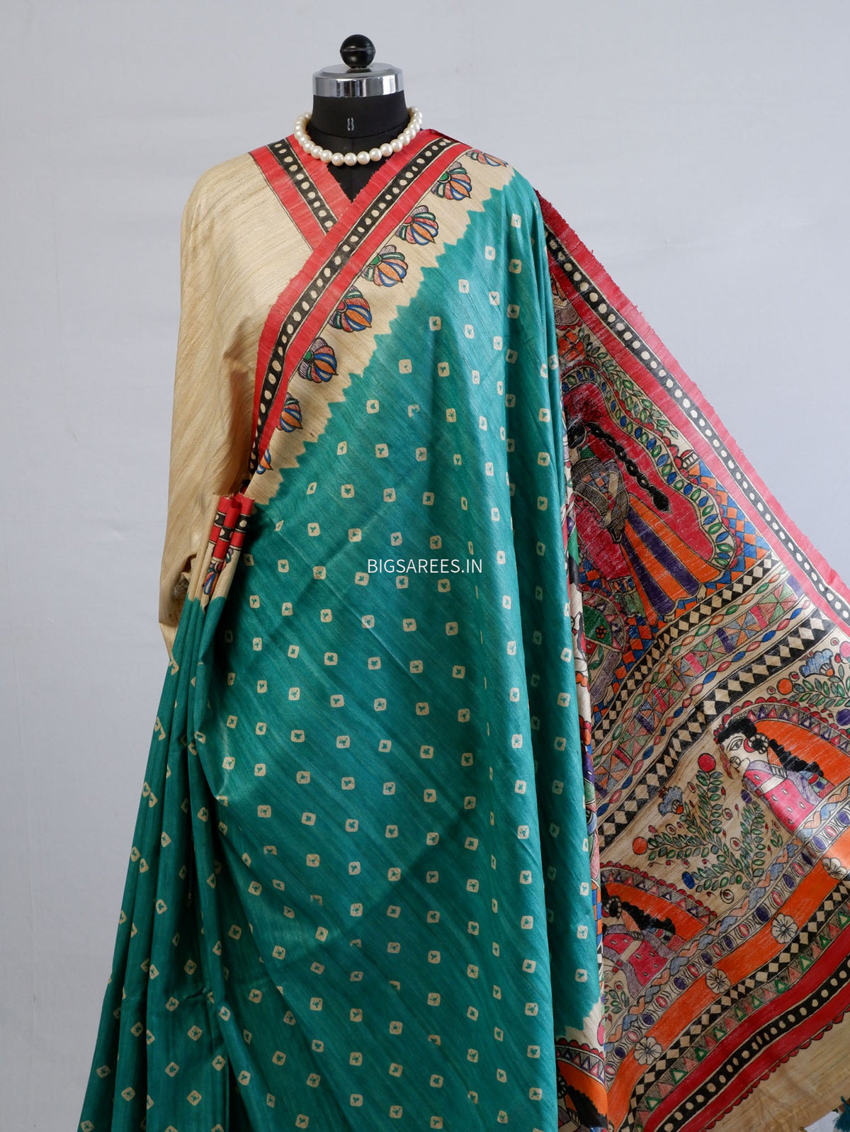 Handcrafted Madhubani Saree | Pure Tussar Ghicha Silk | Silk Mark Certified | Teal