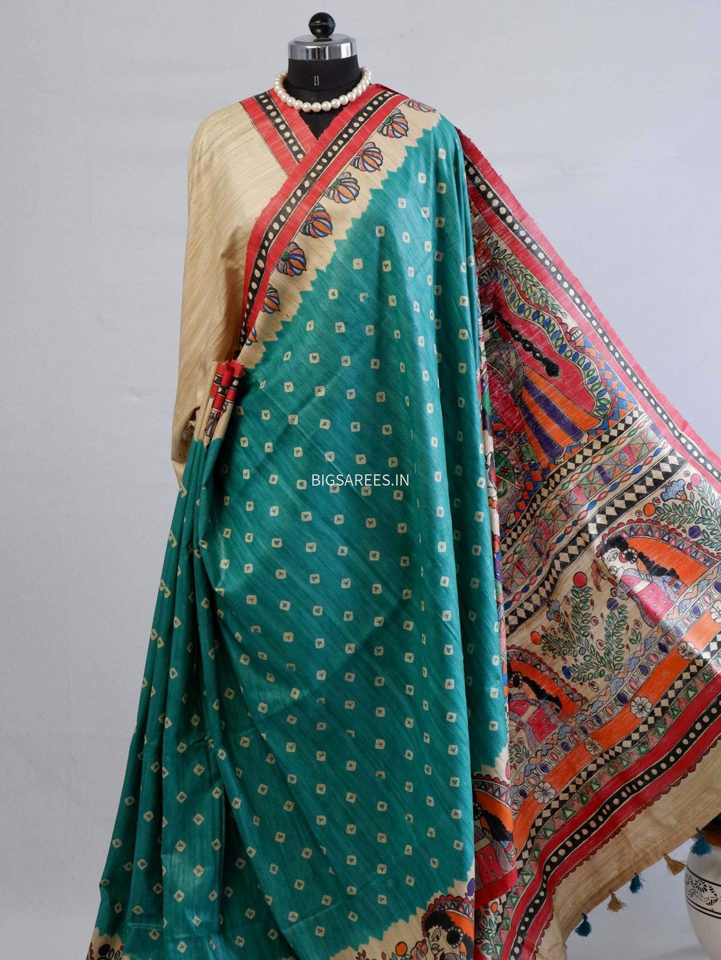 Handcrafted Madhubani Saree | Pure Tussar Ghicha Silk | Silk Mark Certified | Teal