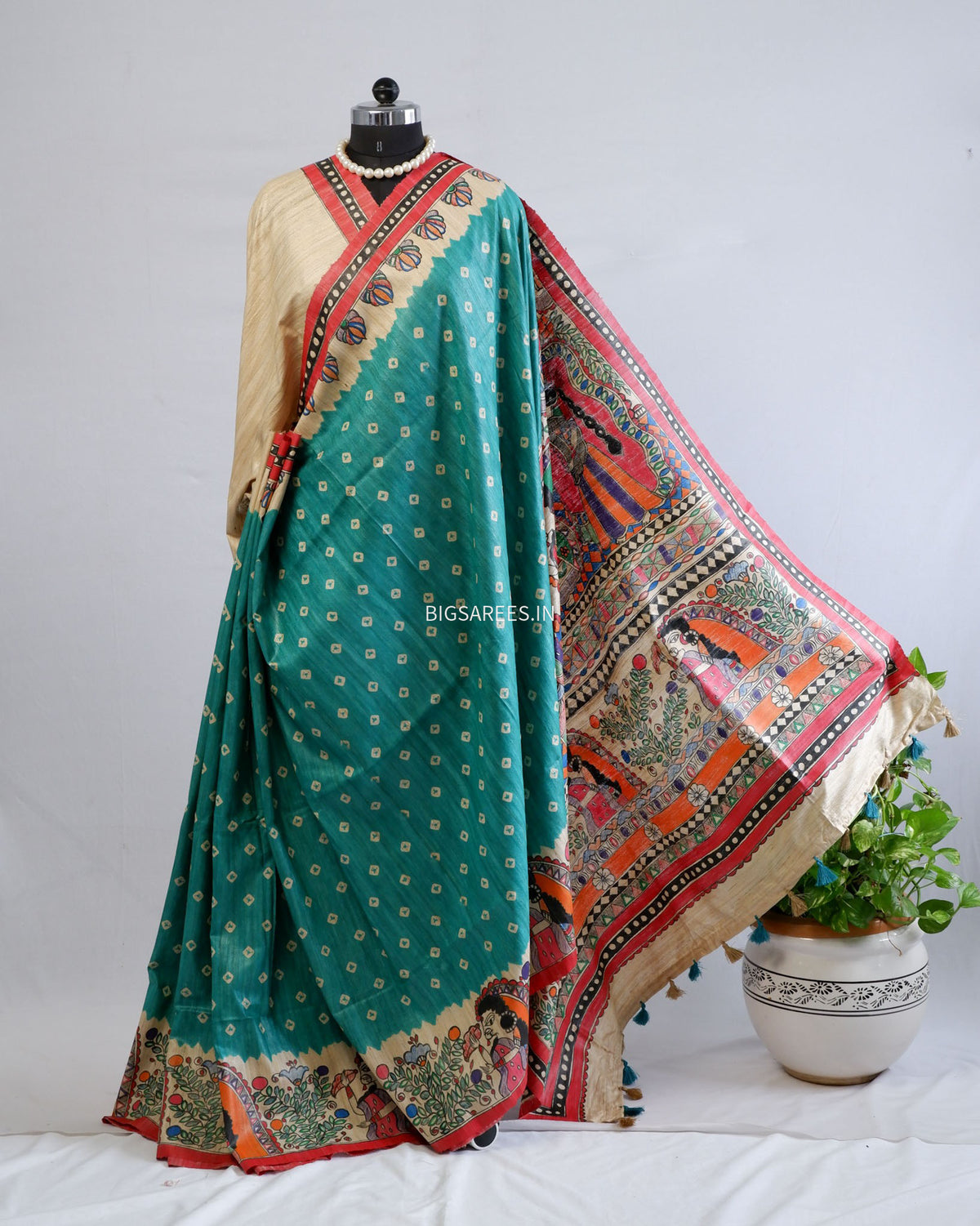 Handcrafted Madhubani Saree | Pure Tussar Ghicha Silk | Silk Mark Certified | Teal