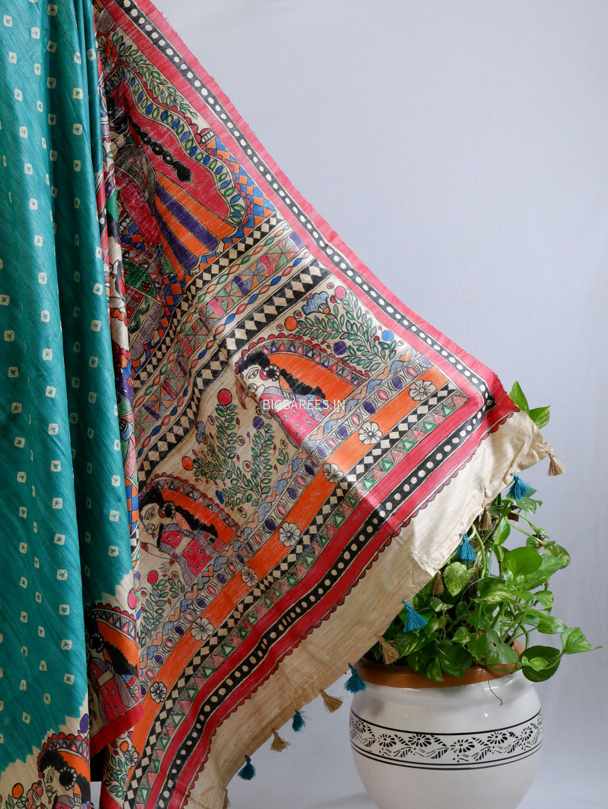 Handcrafted Madhubani Saree | Pure Tussar Ghicha Silk | Silk Mark Certified | Teal