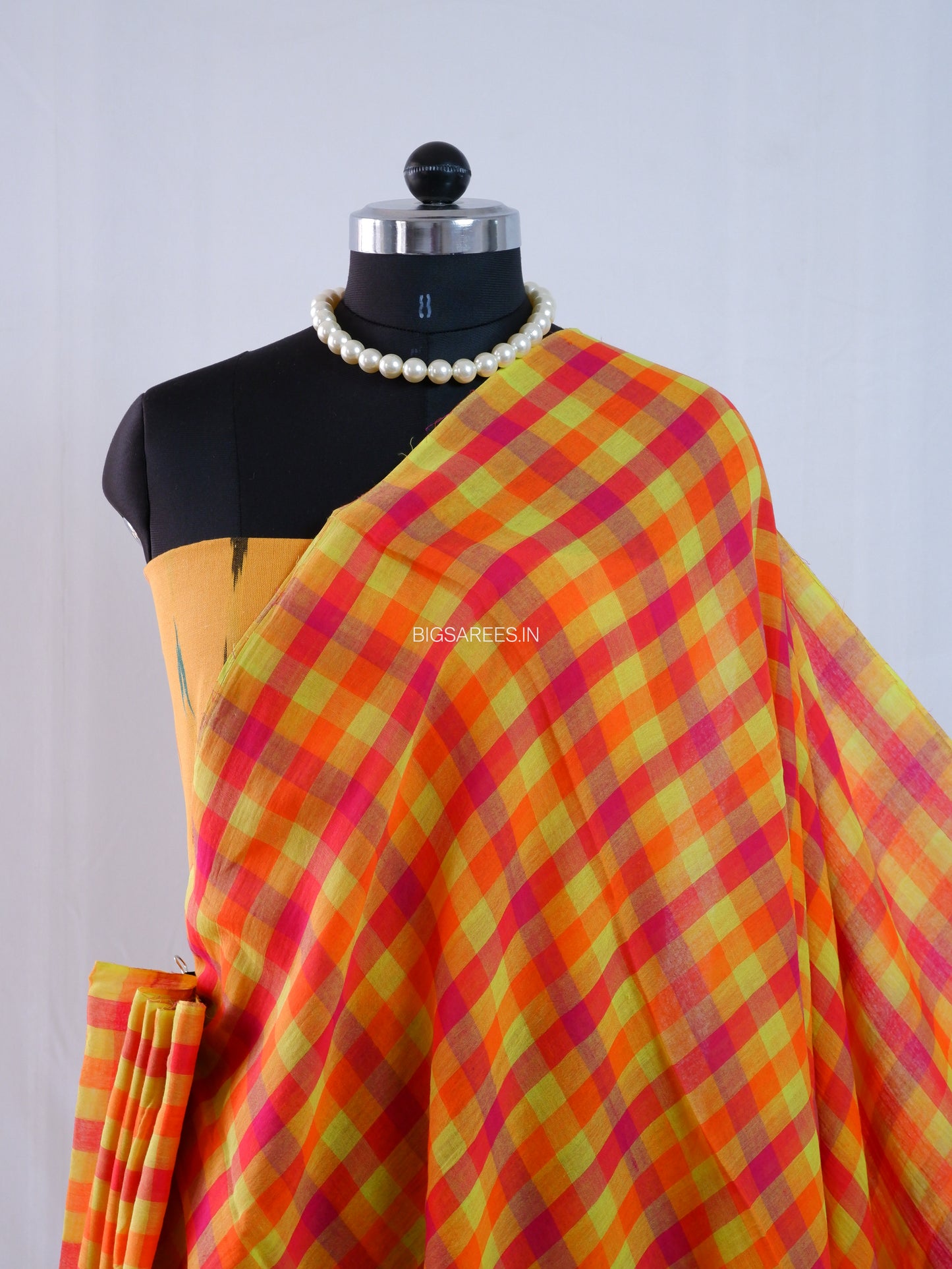 Checkered Mul Cotton Saree With Ikat Blouse | Ultra Lightweight | Orange & Yellow