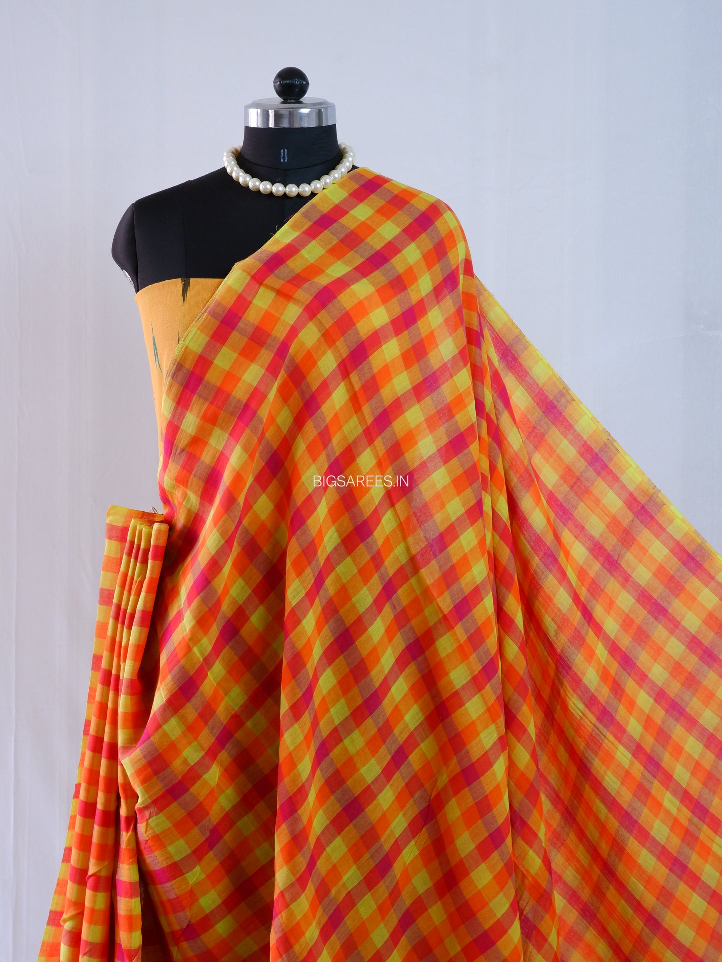 Checkered Mul Cotton Saree With Ikat Blouse | Ultra Lightweight | Orange & Yellow