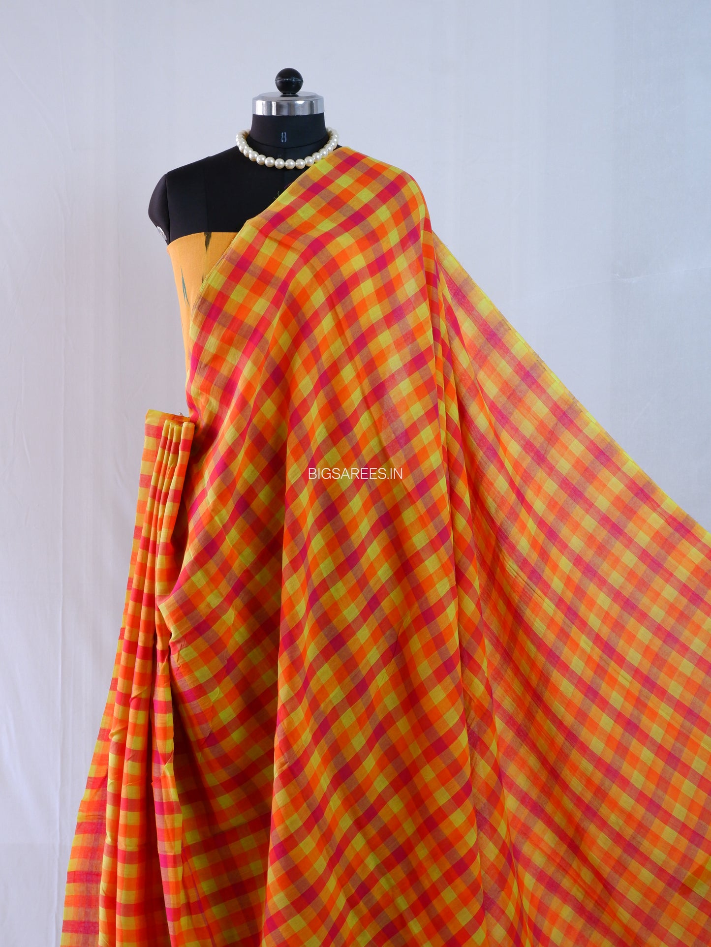 Checkered Mul Cotton Saree With Ikat Blouse | Ultra Lightweight | Orange & Yellow