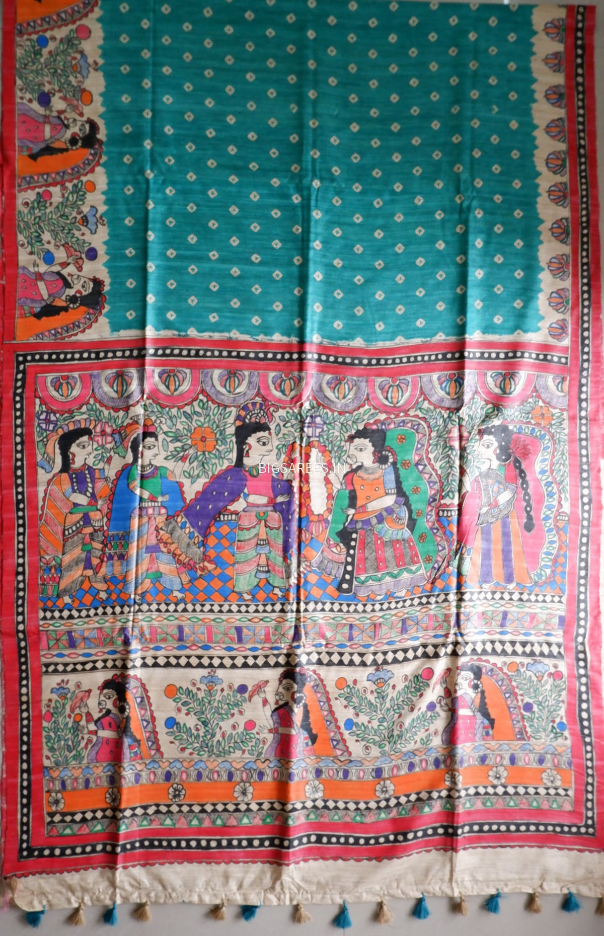 Handcrafted Madhubani Saree | Pure Tussar Ghicha Silk | Silk Mark Certified | Teal