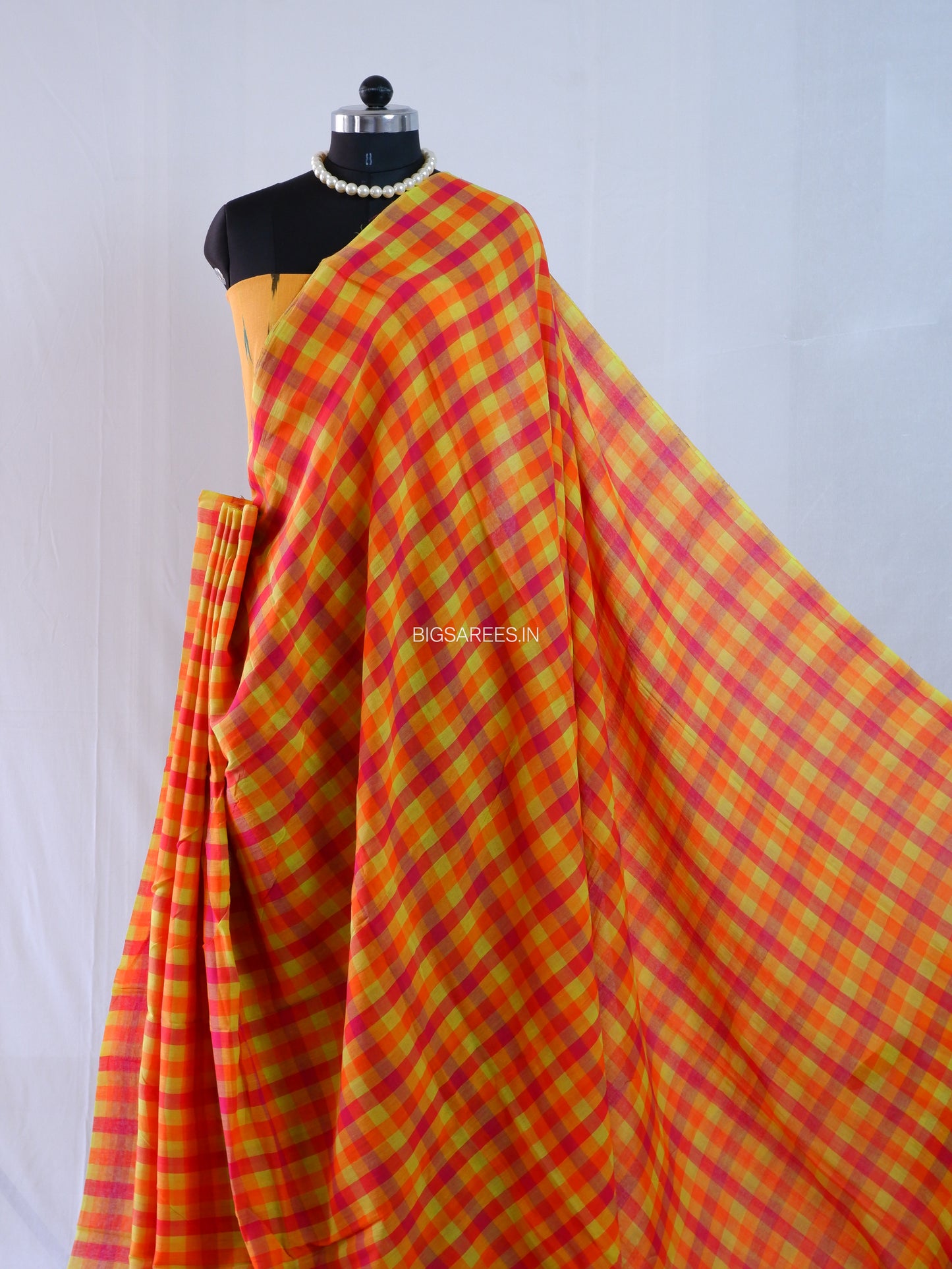 Checkered Mul Cotton Saree With Ikat Blouse | Ultra Lightweight | Orange & Yellow