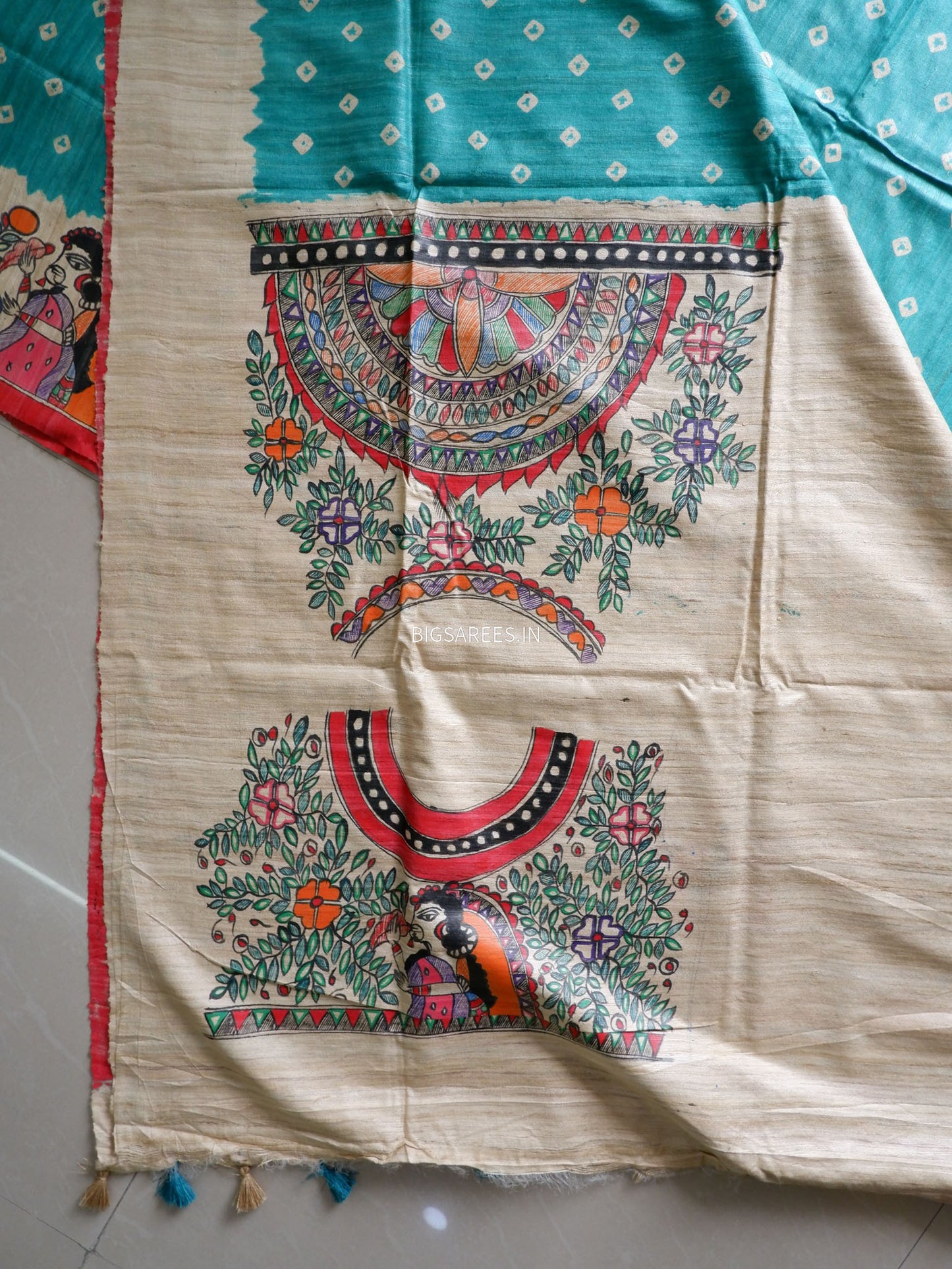 Handcrafted Madhubani Saree | Pure Tussar Ghicha Silk | Silk Mark Certified | Teal
