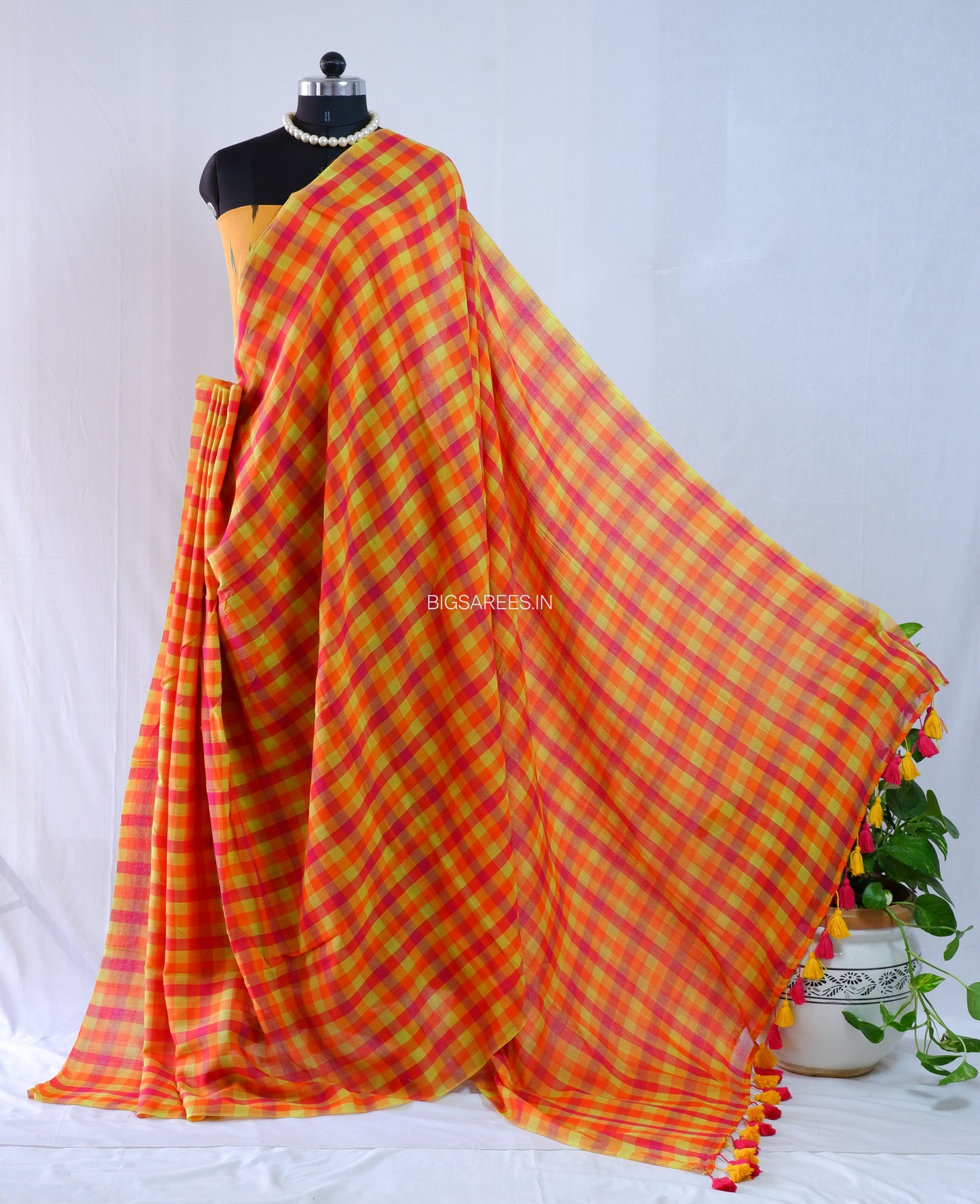 Checkered Mul Cotton Saree With Ikat Blouse | Ultra Lightweight | Orange & Yellow