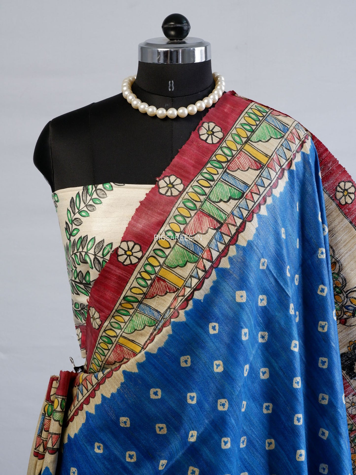 Handcrafted Madhubani Saree | Pure Tussar Ghicha Silk | Silk Mark Certified | Blue
