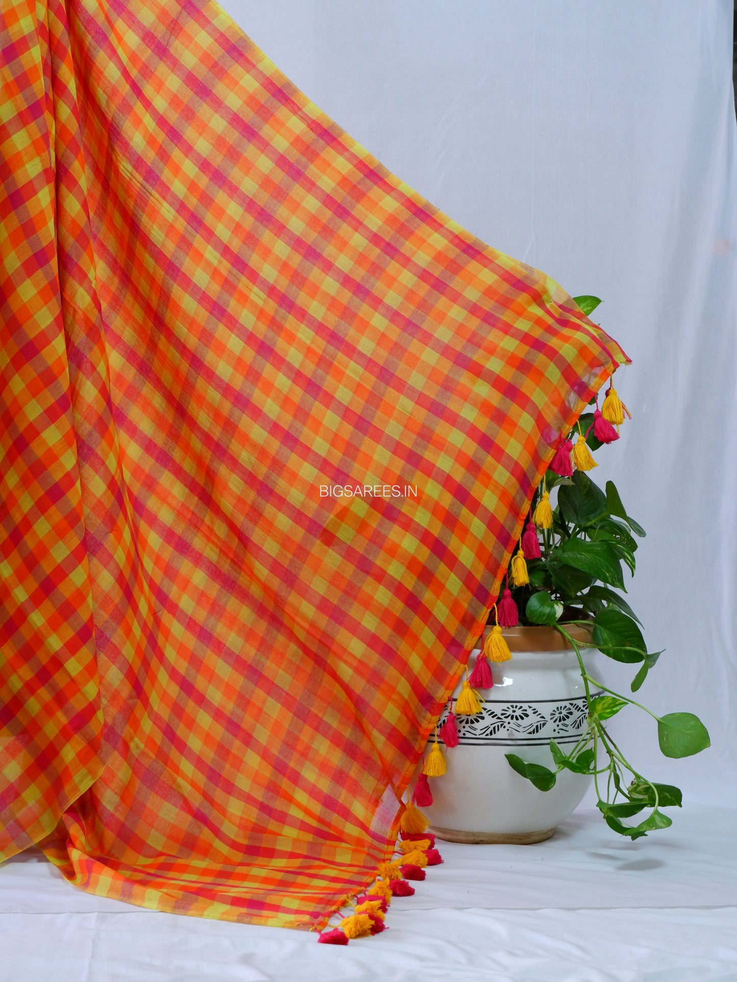 Checkered Mul Cotton Saree With Ikat Blouse | Ultra Lightweight | Orange & Yellow