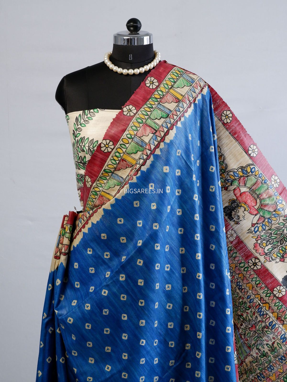 Handcrafted Madhubani Saree | Pure Tussar Ghicha Silk | Silk Mark Certified | Blue