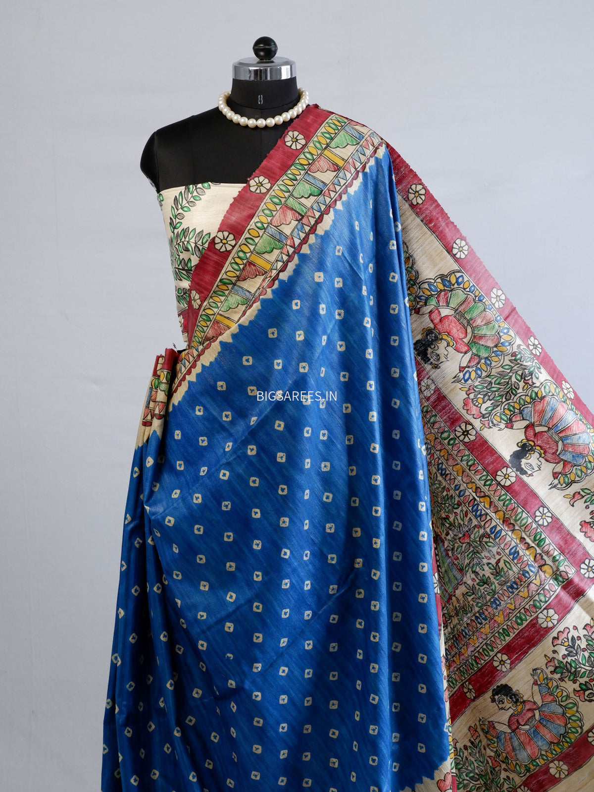 Handcrafted Madhubani Saree | Pure Tussar Ghicha Silk | Silk Mark Certified | Blue