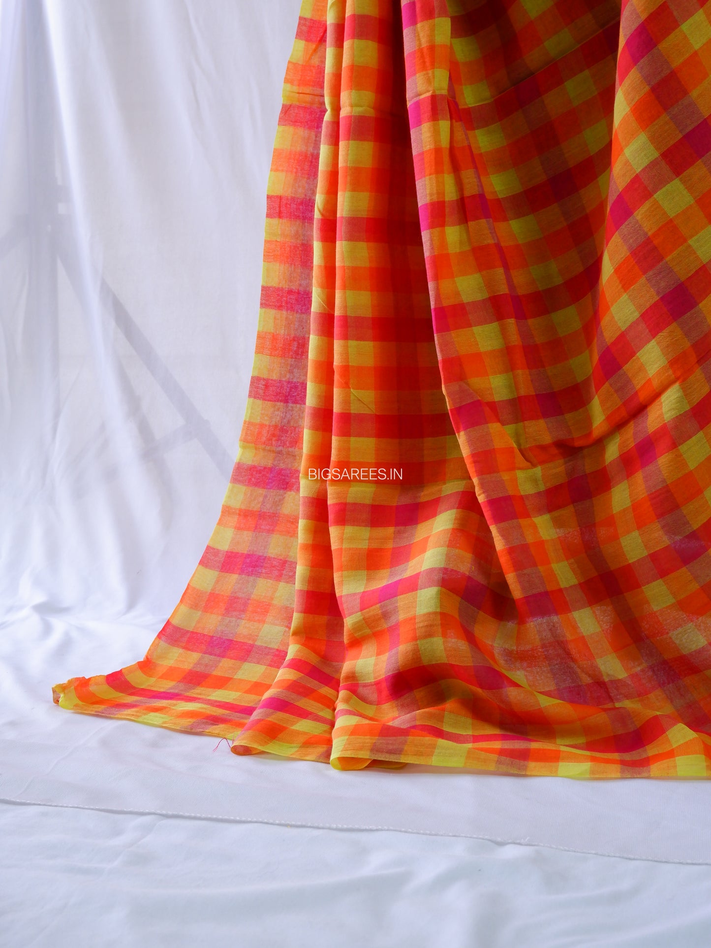 Checkered Mul Cotton Saree With Ikat Blouse | Ultra Lightweight | Orange & Yellow