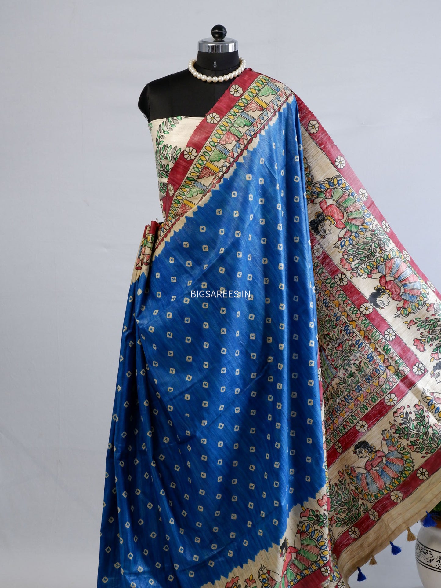 Handcrafted Madhubani Saree | Pure Tussar Ghicha Silk | Silk Mark Certified | Blue