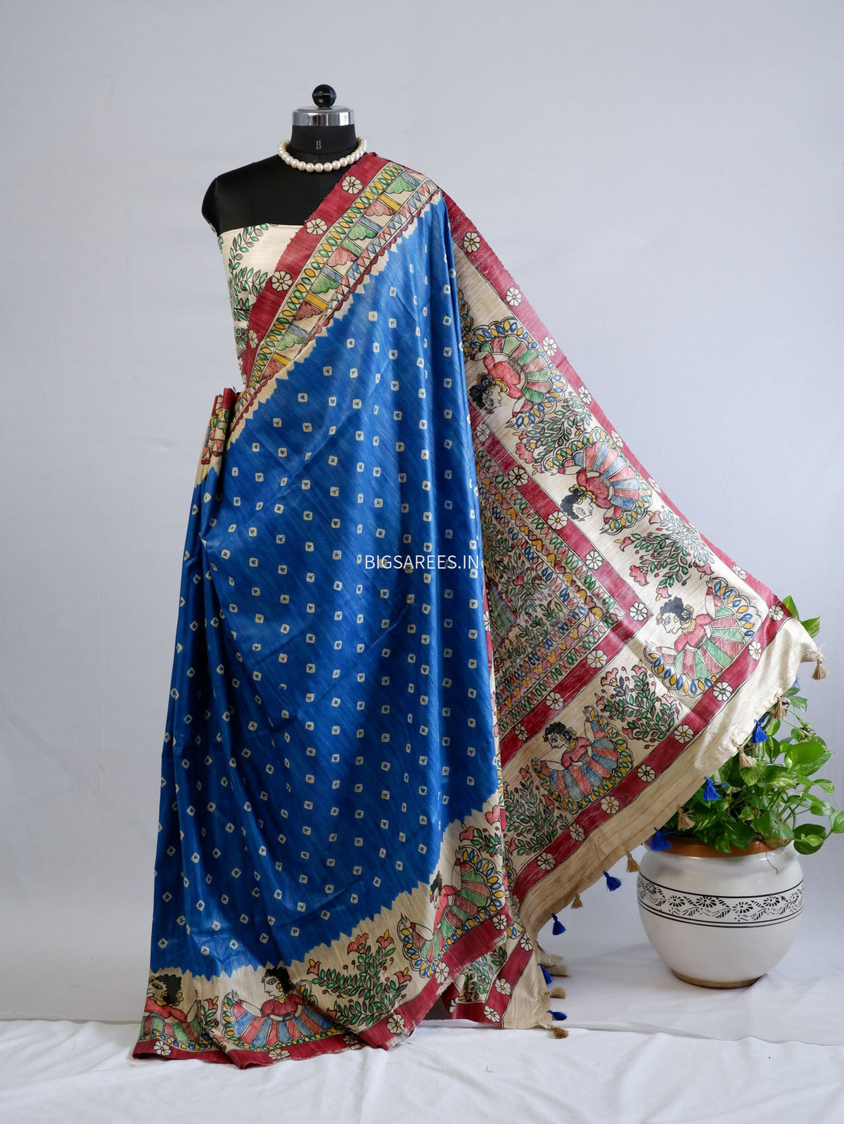 Handcrafted Madhubani Saree | Pure Tussar Ghicha Silk | Silk Mark Certified | Blue