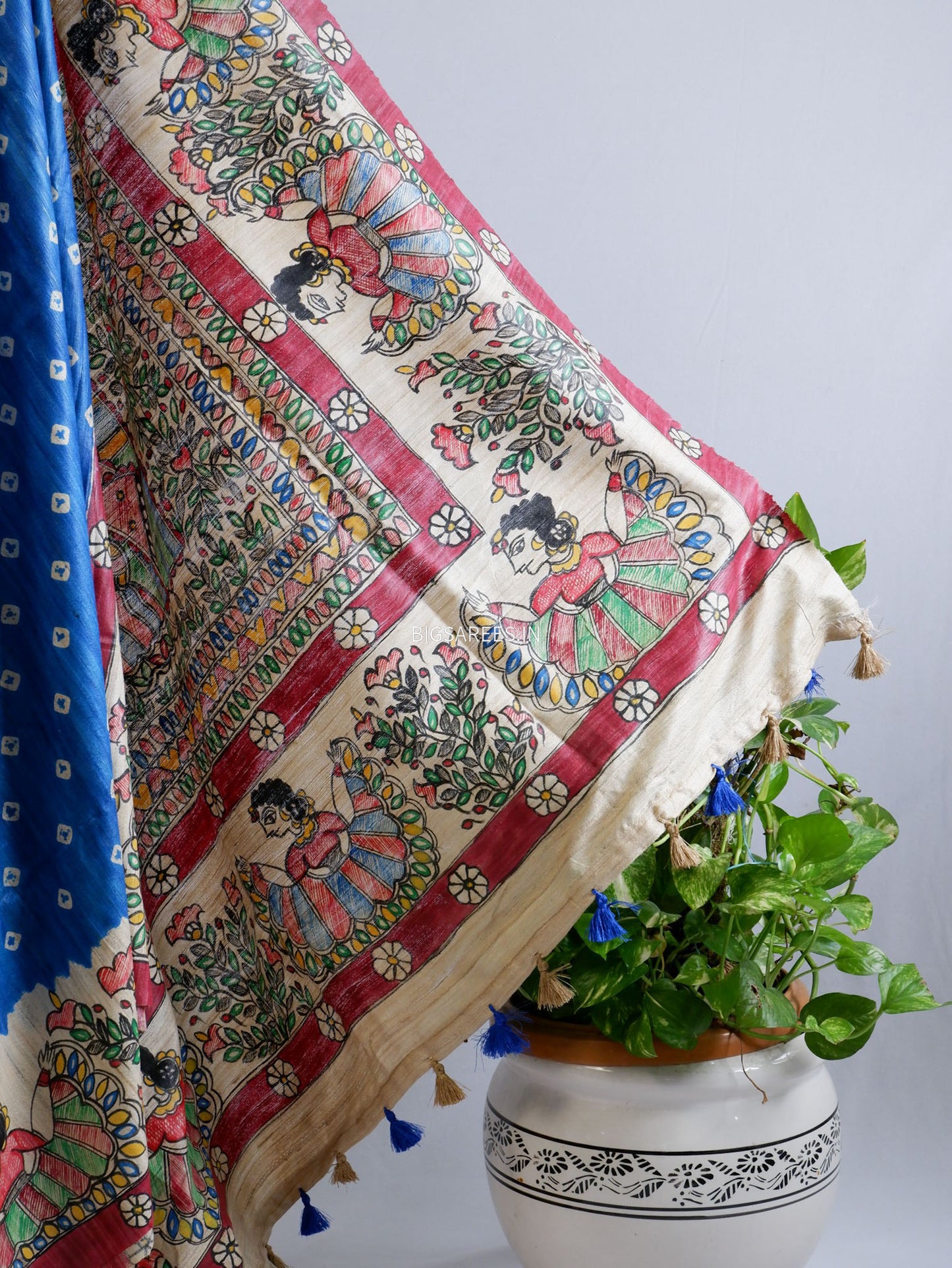 Handcrafted Madhubani Saree | Pure Tussar Ghicha Silk | Silk Mark Certified | Blue