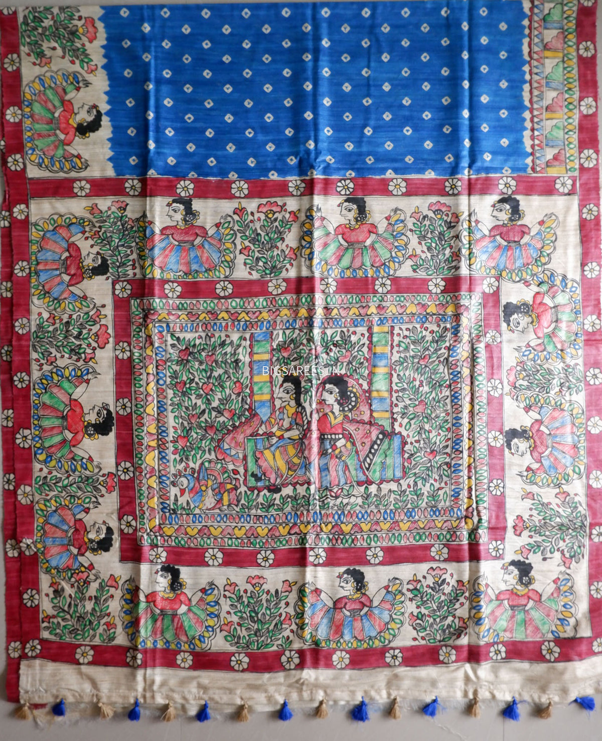 Handcrafted Madhubani Saree | Pure Tussar Ghicha Silk | Silk Mark Certified | Blue