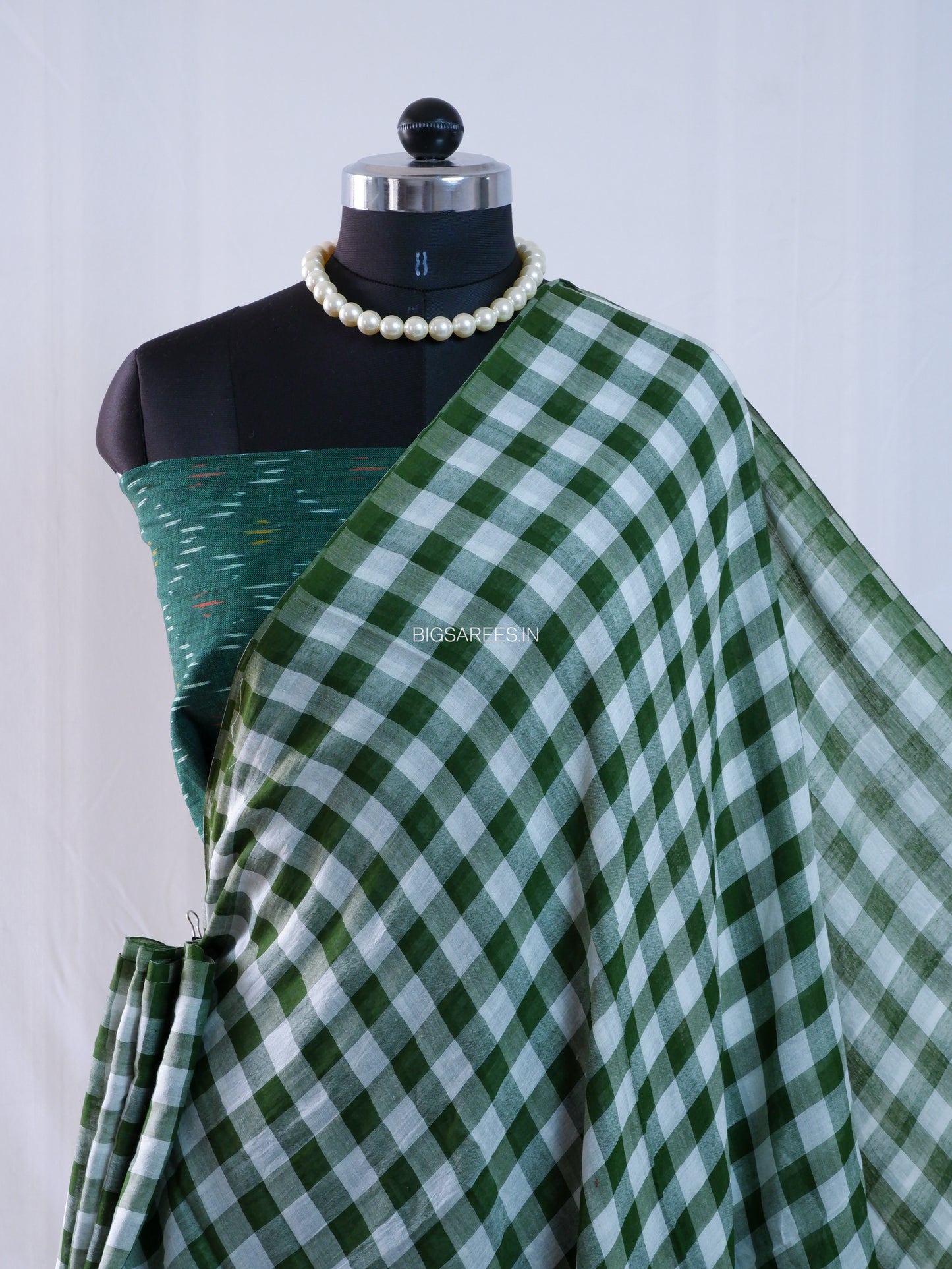 Checkered Mul Cotton Saree With Ikat Blouse | Ultra Lightweight | Green