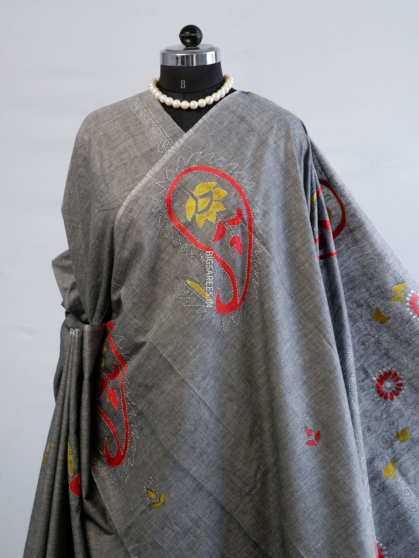 Kantha Stitch Hand-Embroidered Saree | Khadi Cotton | Grey