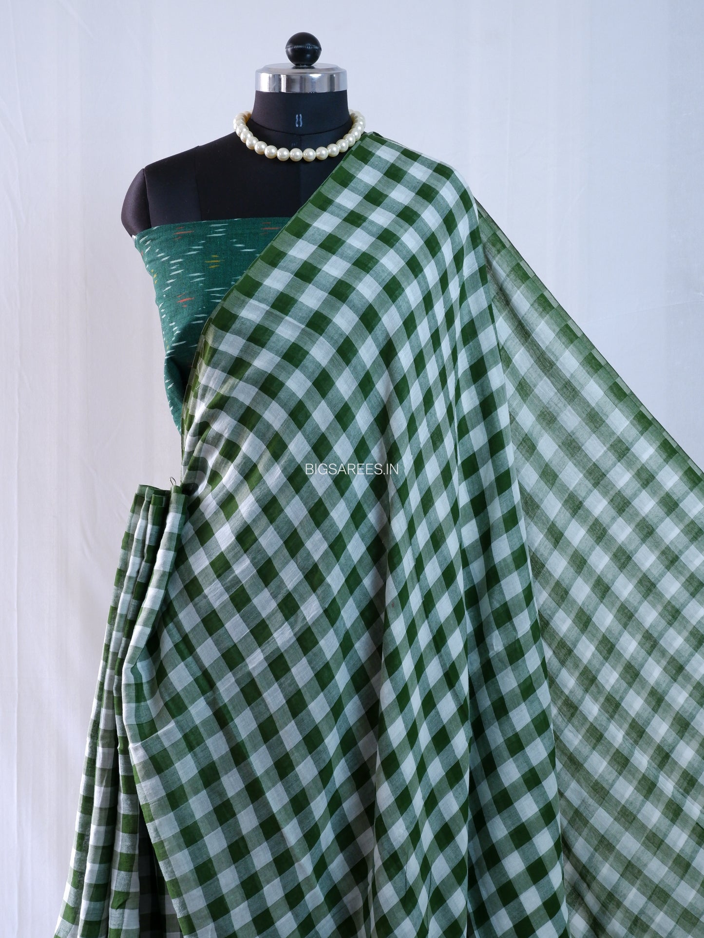 Checkered Mul Cotton Saree With Ikat Blouse | Ultra Lightweight | Green