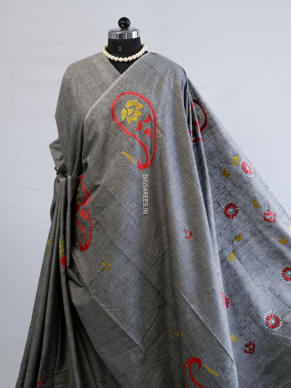 Kantha Stitch Hand-Embroidered Saree | Khadi Cotton | Grey