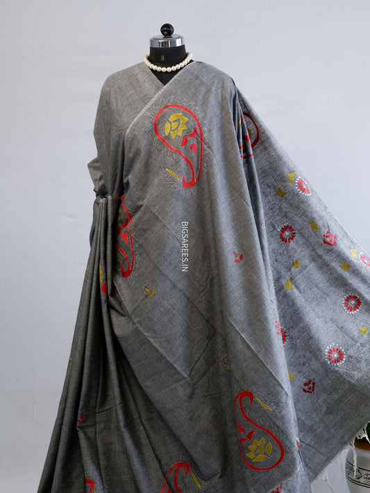Kantha Stitch Hand-Embroidered Saree | Khadi Cotton | Grey