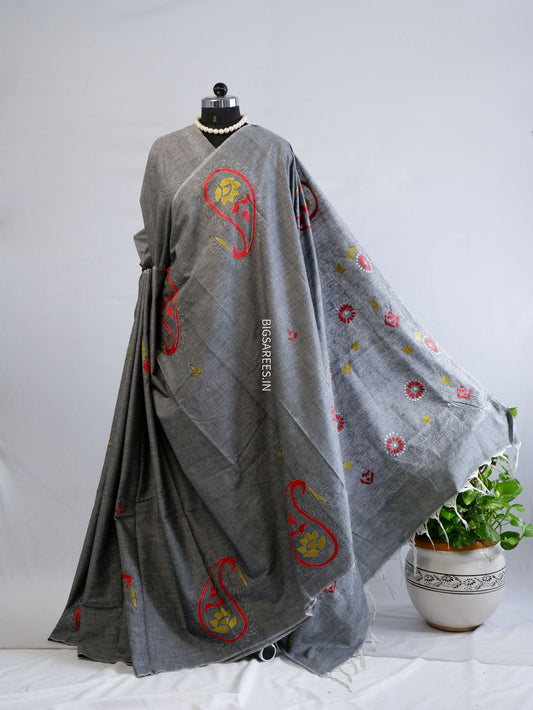 Kantha Stitch Hand-Embroidered Saree | Khadi Cotton | Grey