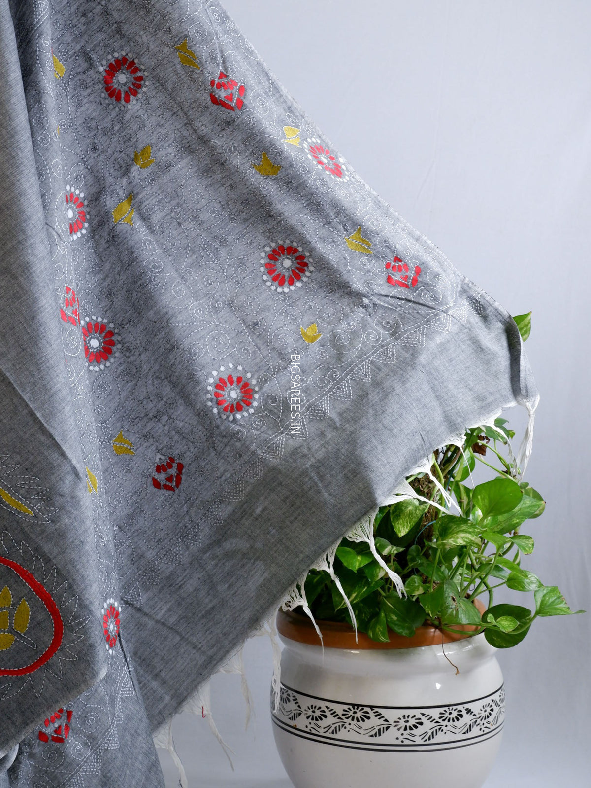 Kantha Stitch Hand-Embroidered Saree | Khadi Cotton | Grey