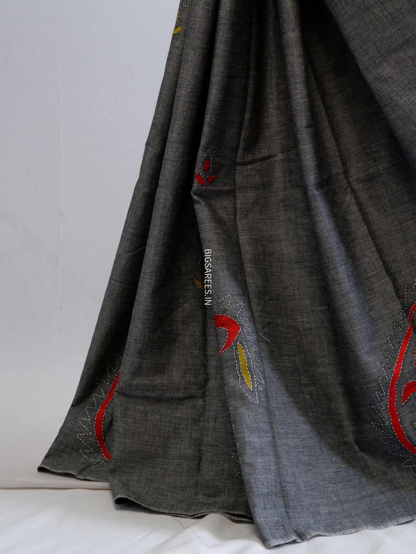 Kantha Stitch Hand-Embroidered Saree | Khadi Cotton | Grey