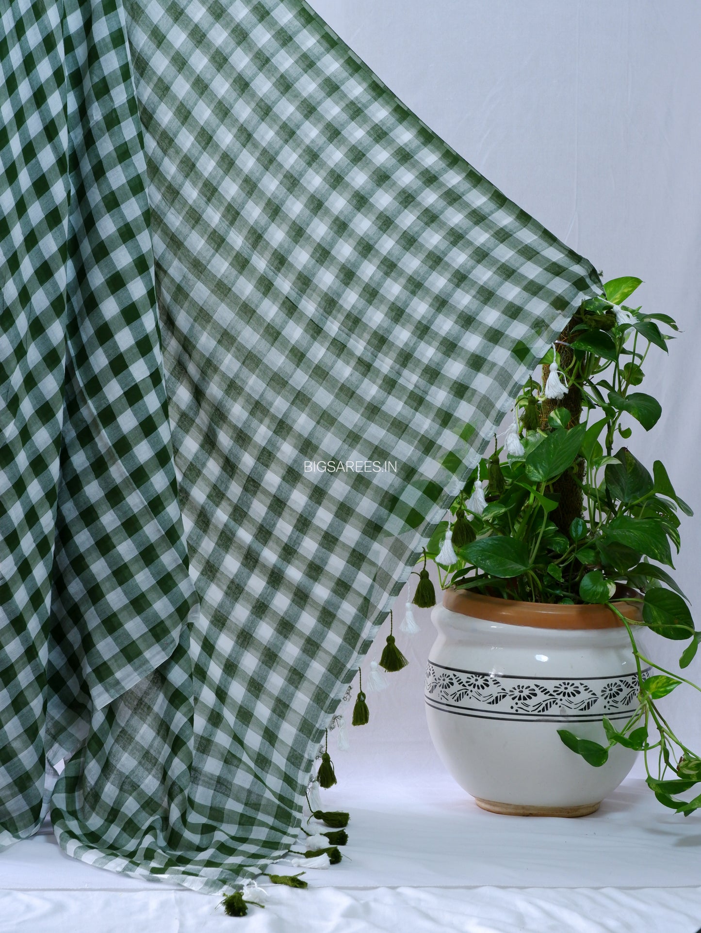 Checkered Mul Cotton Saree With Ikat Blouse | Ultra Lightweight | Green