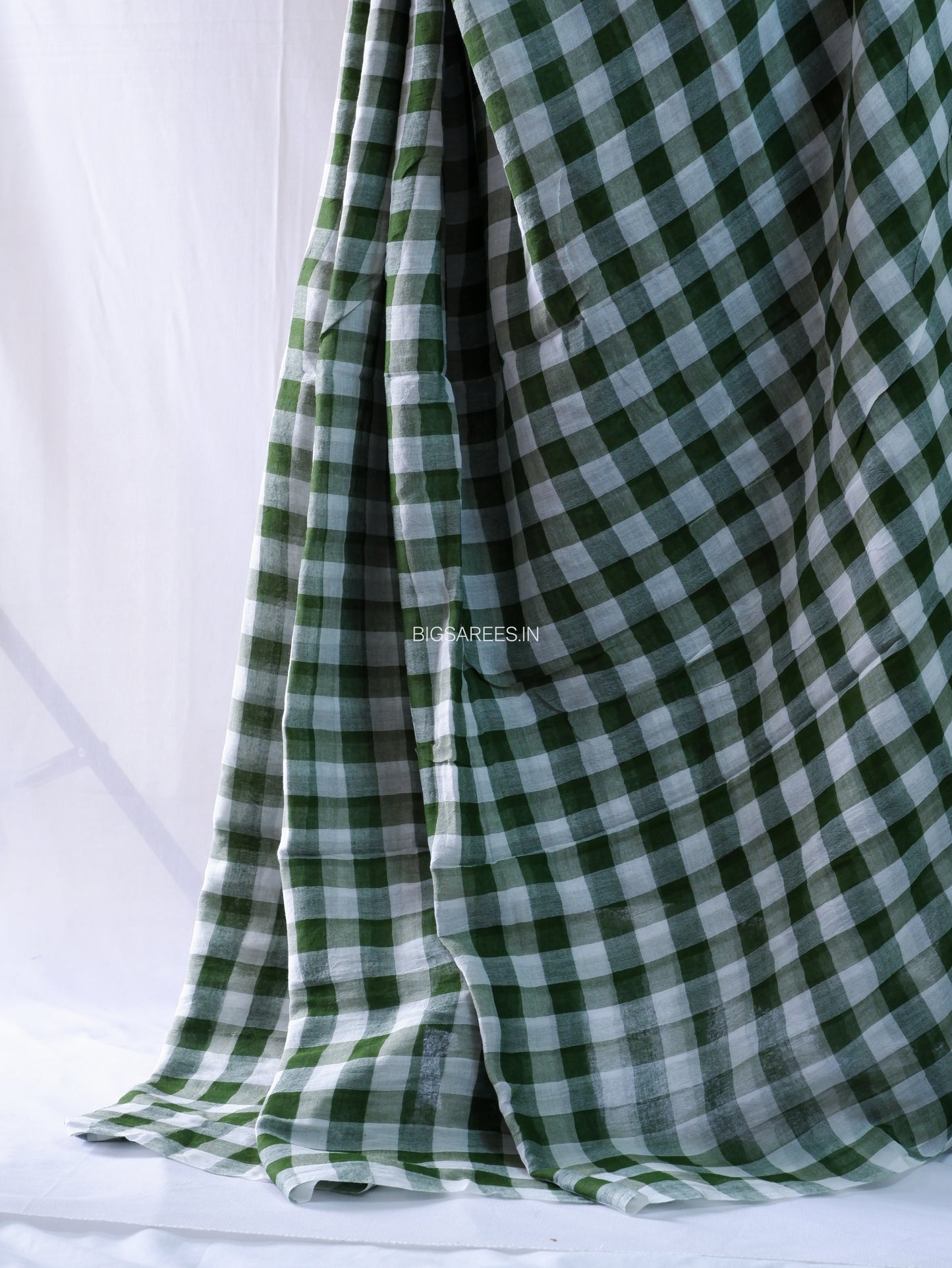 Checkered Mul Cotton Saree With Ikat Blouse | Ultra Lightweight | Green