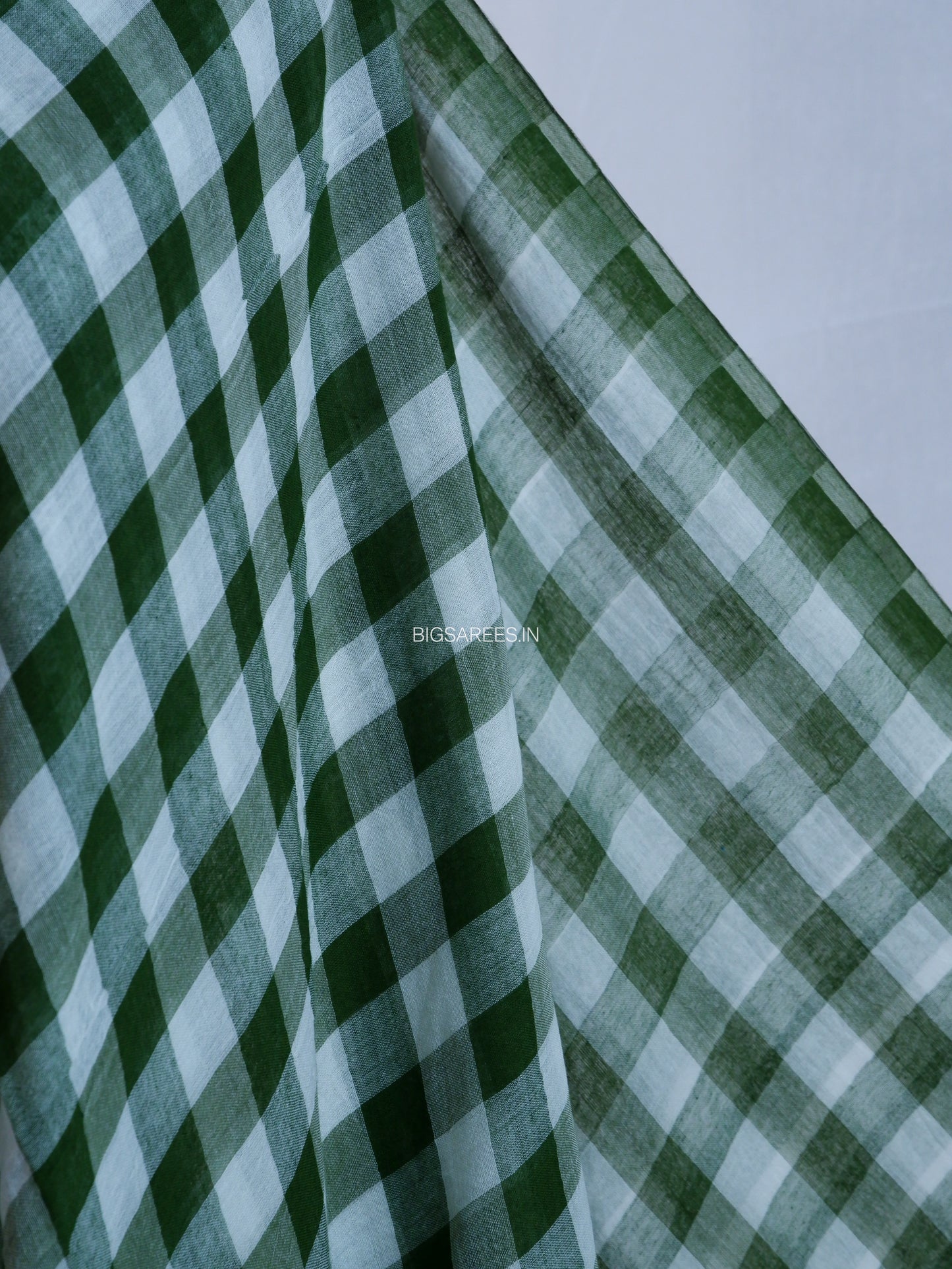 Checkered Mul Cotton Saree With Ikat Blouse | Ultra Lightweight | Green