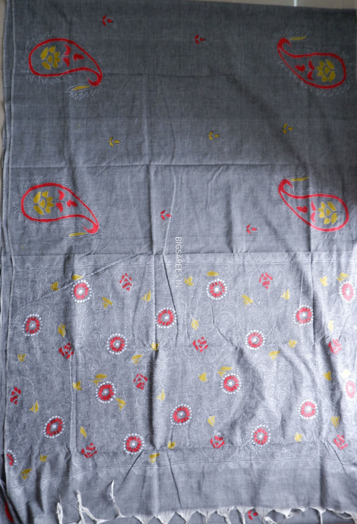 Kantha Stitch Hand-Embroidered Saree | Khadi Cotton | Grey