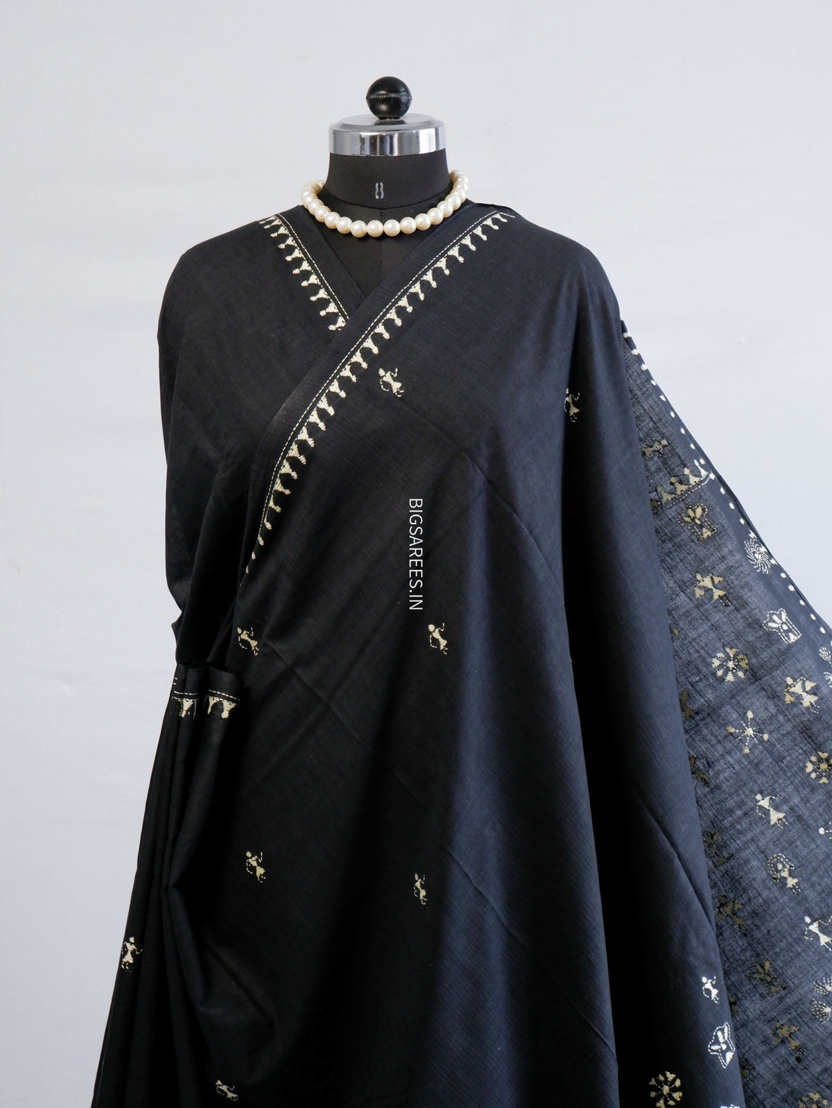 Kantha Hand-Embroidered Saree | Mal Mal Cotton | Black