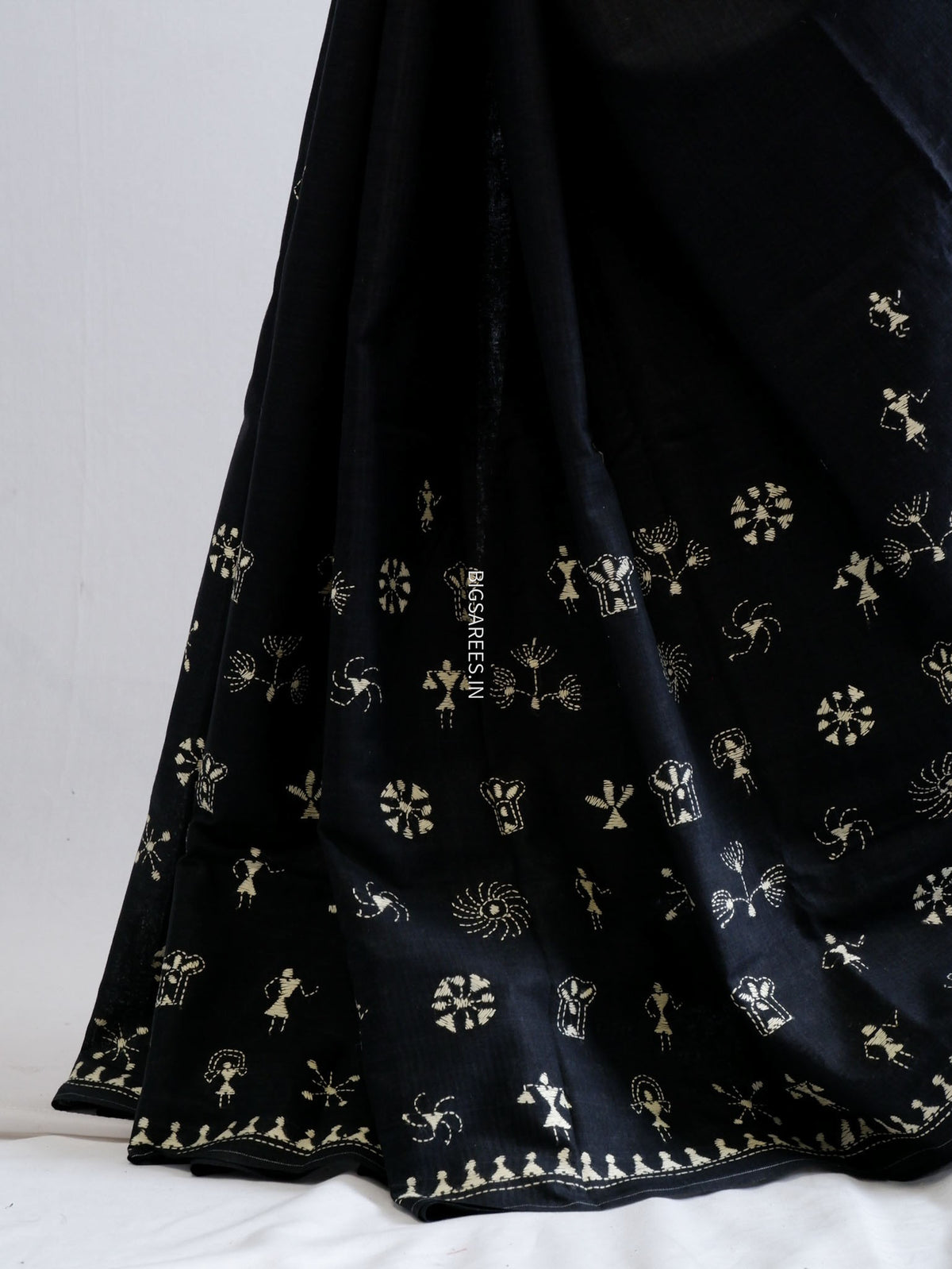 Kantha Hand-Embroidered Saree | Mal Mal Cotton | Black
