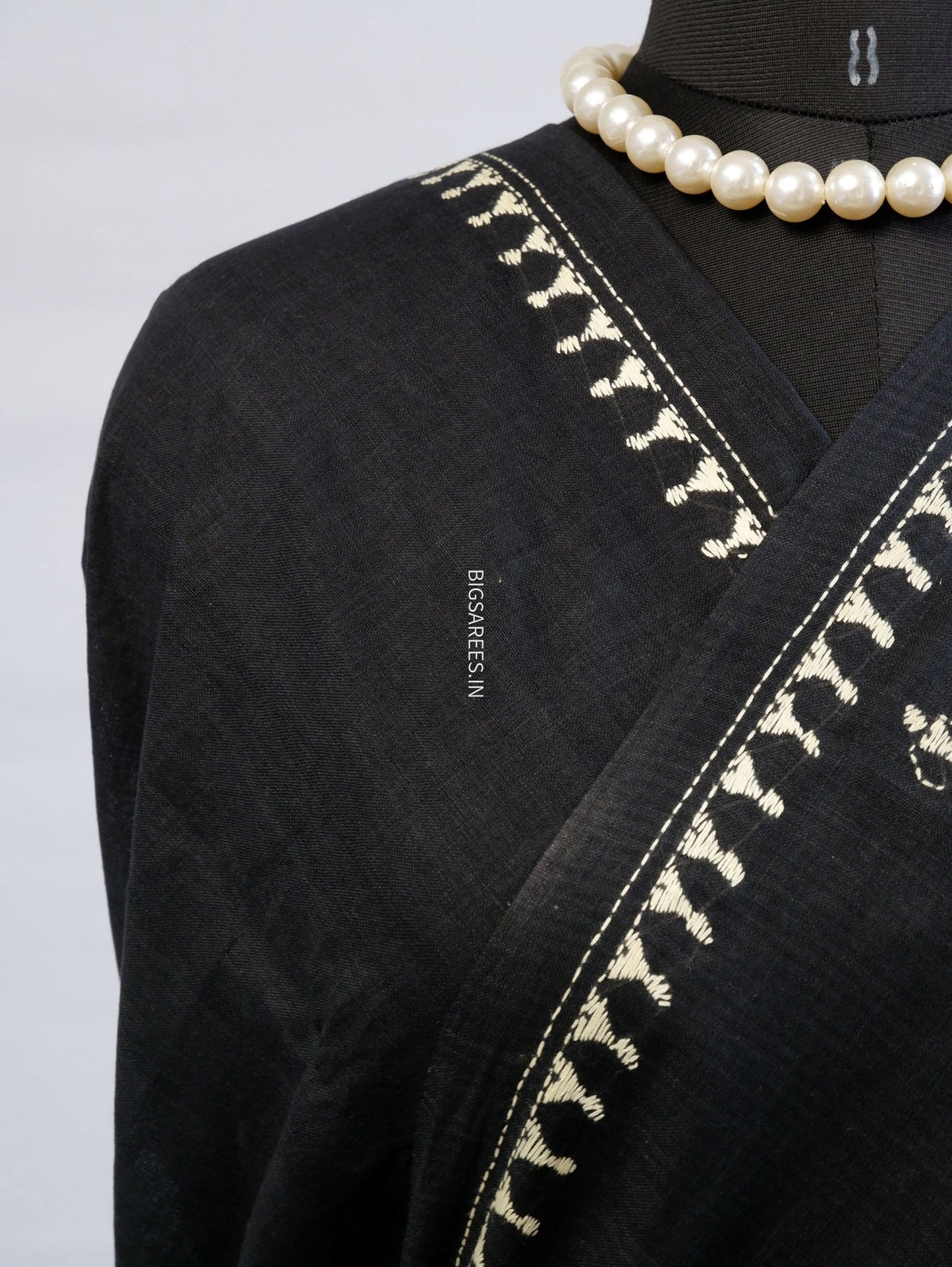 Kantha Hand-Embroidered Saree | Mal Mal Cotton | Black