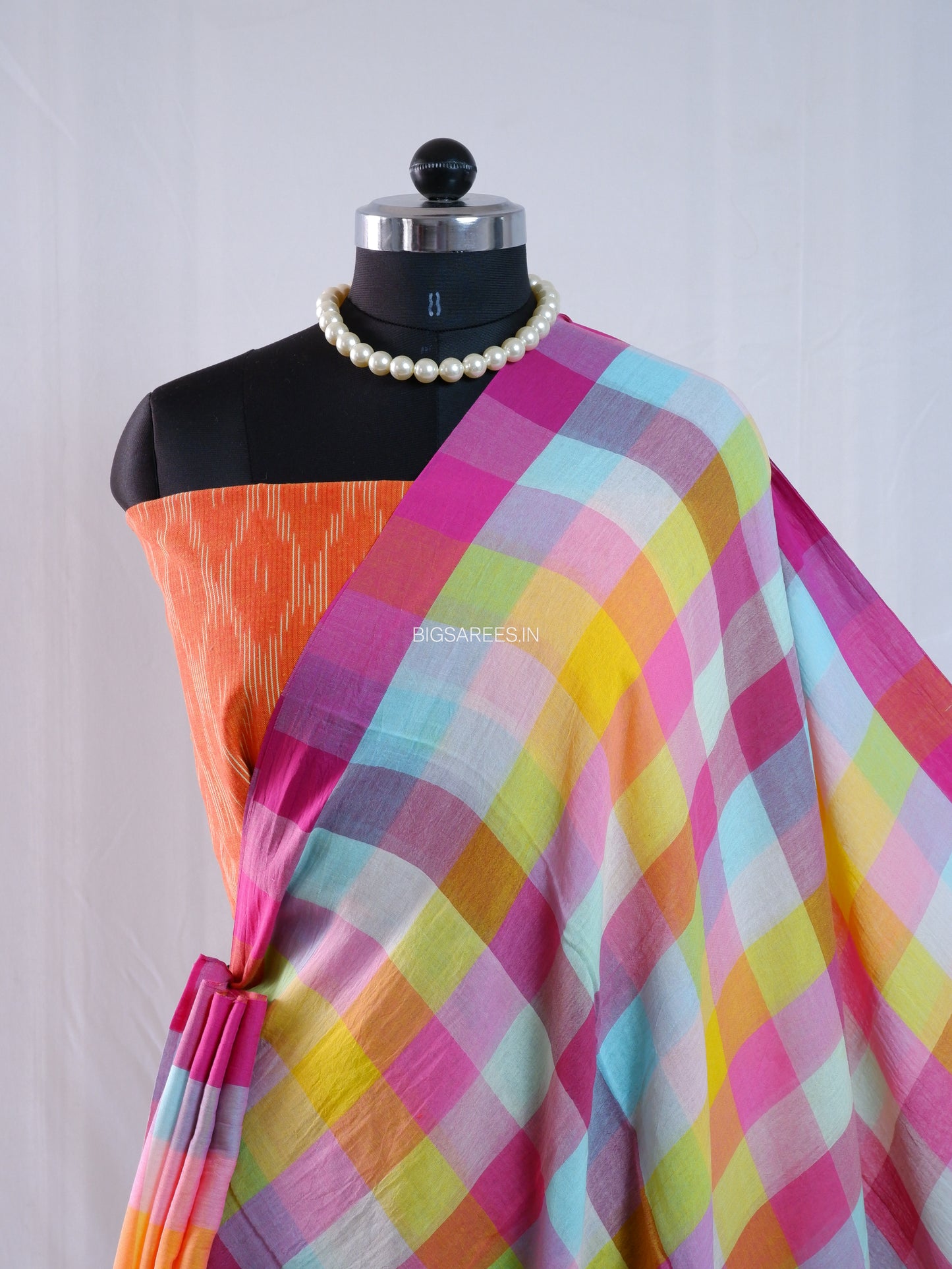 Checkered Mul Cotton Saree With Ikat Blouse | Ultra Lightweight |